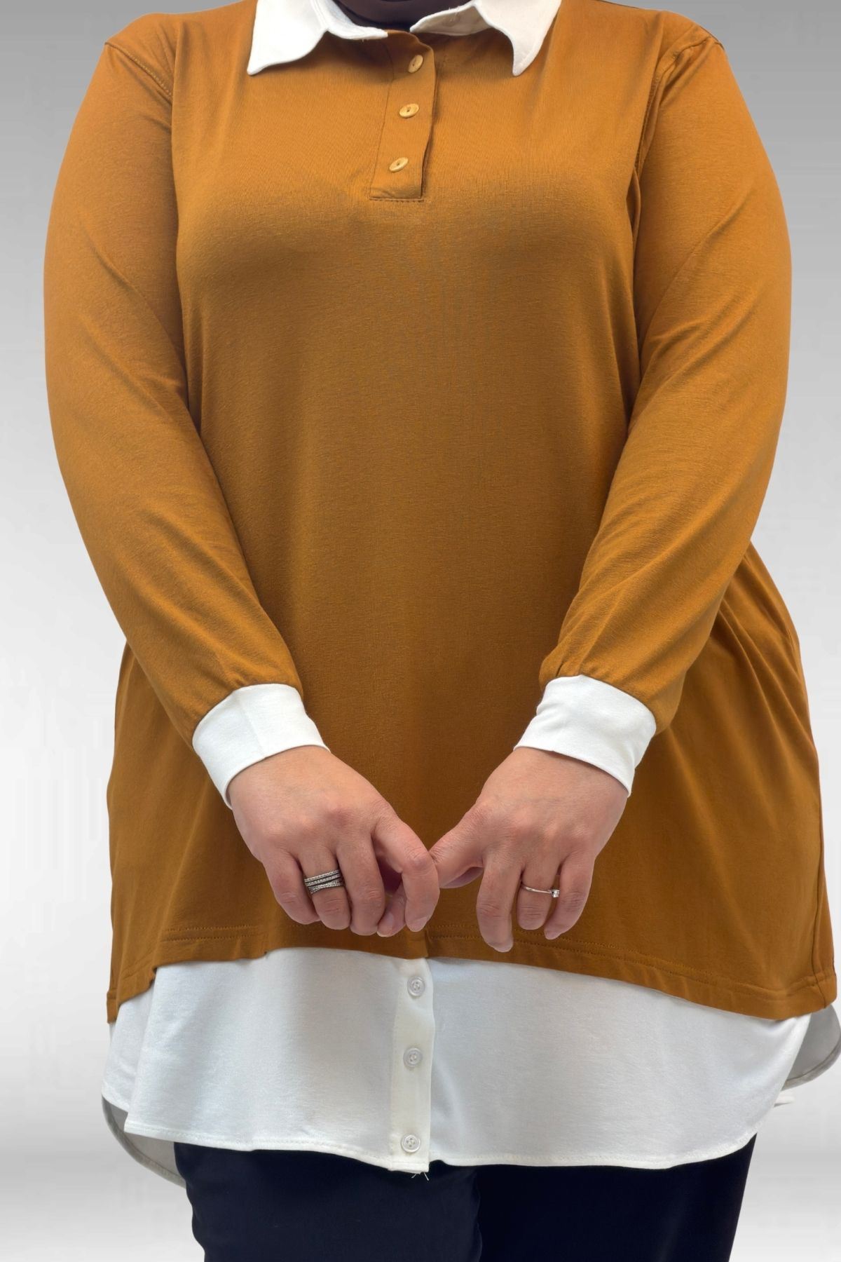 68028 Büyük Beden Kombinli -Manşetli Penye Tunik - Hardal