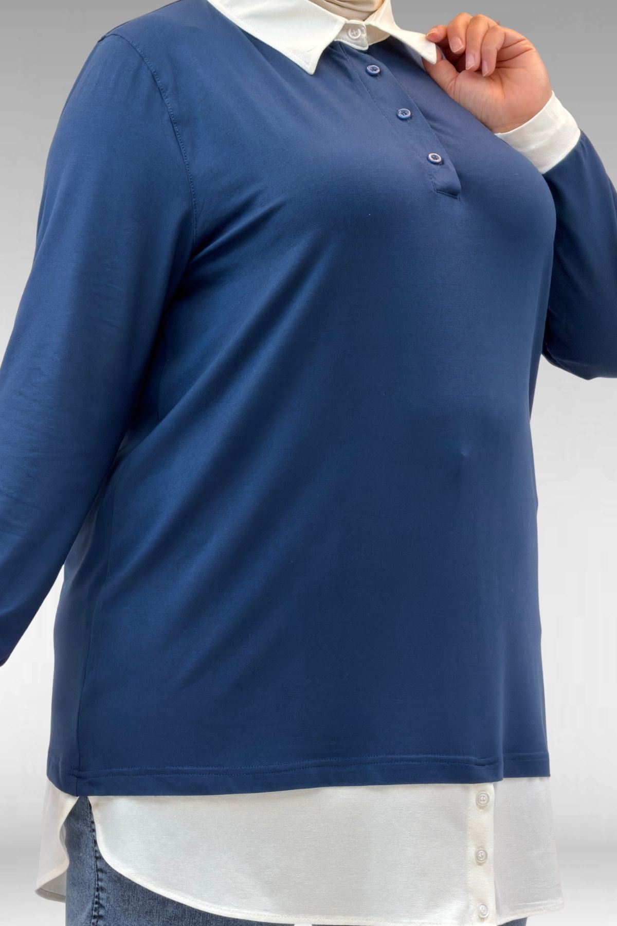 68028 Büyük Beden Kombinli -Manşetli Penye Tunik - Petrol