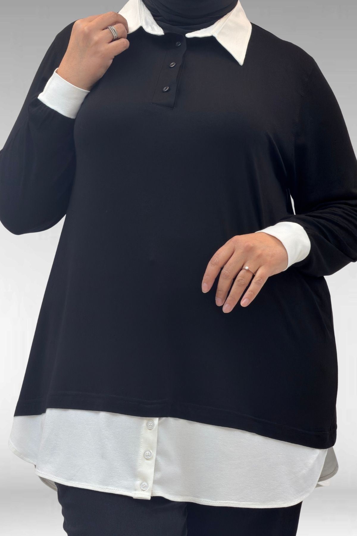 68028 Büyük Beden Kombinli -Manşetli Penye Tunik - Siyah