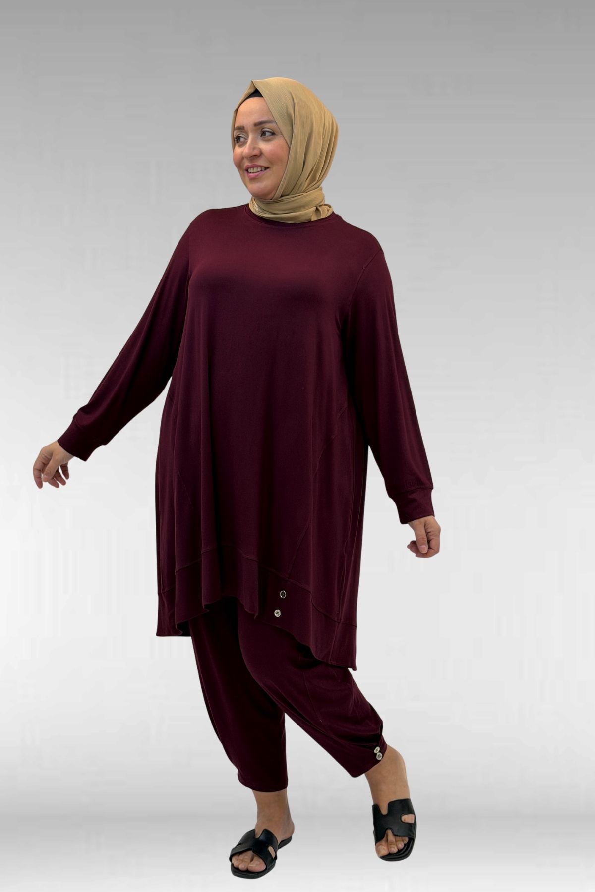 67041 Büyük Beden Düğme Detaylı Penye Pantolonlu Takım - Bordo