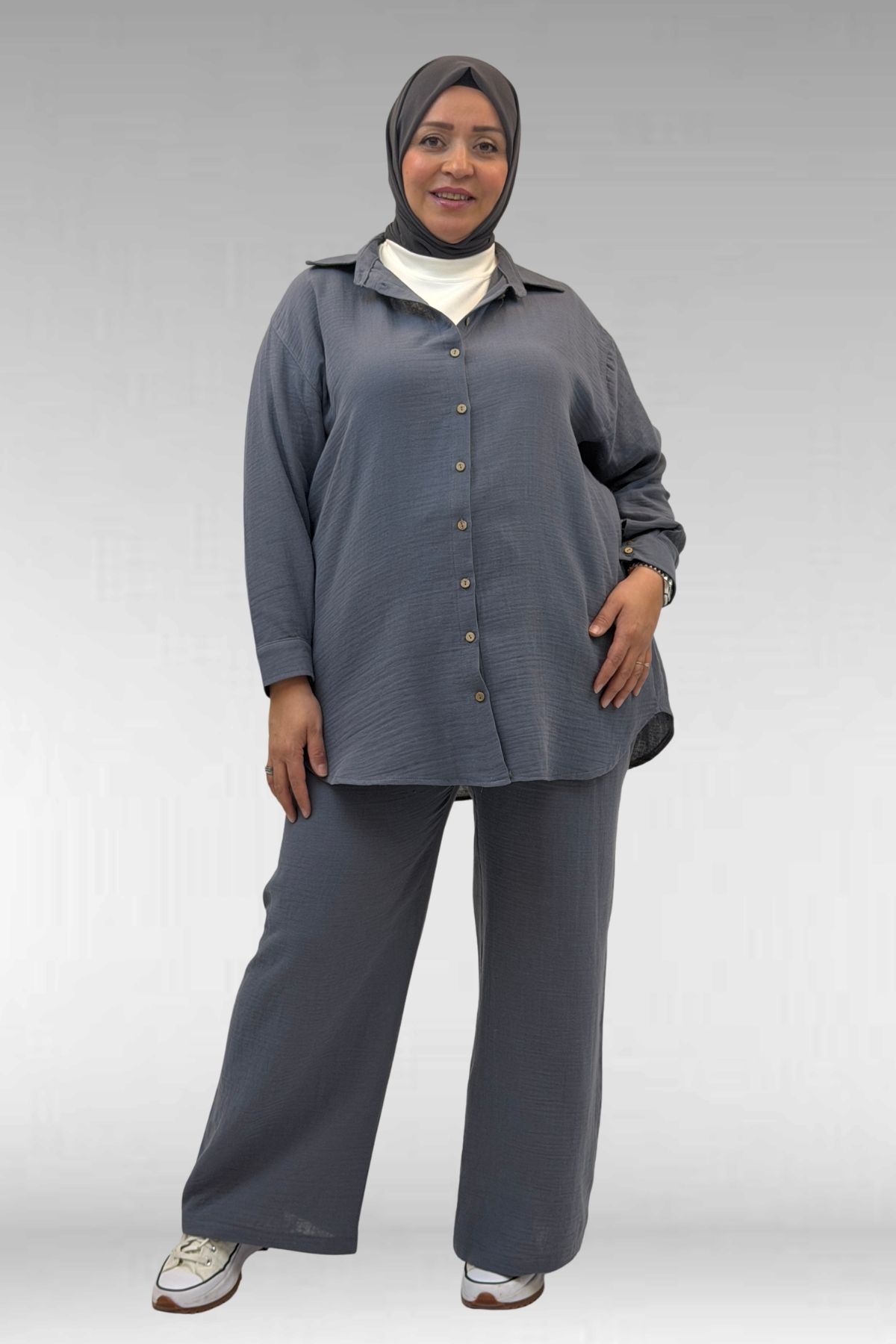 67038 Büyük Beden Erkek Yakalı Müslin Pantolonlu Takım - Antrasit