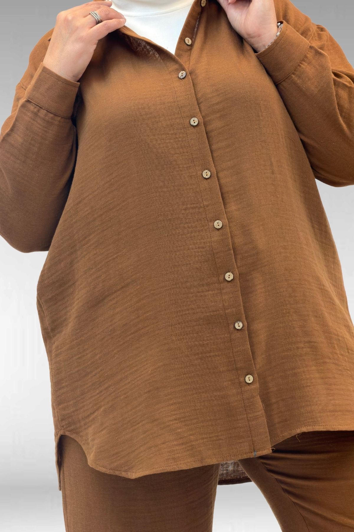 67038 Büyük Beden Erkek Yakalı Müslin Pantolonlu Takım - Kahve