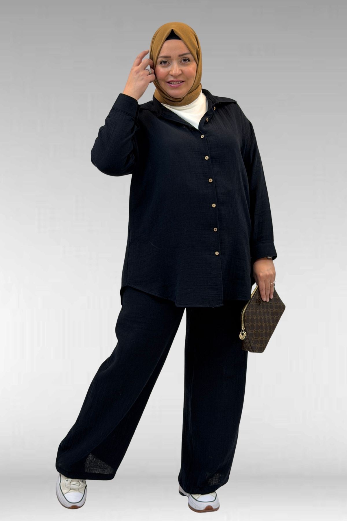 67038 Büyük Beden Erkek Yakalı Müslin Pantolonlu Takım - Siyah