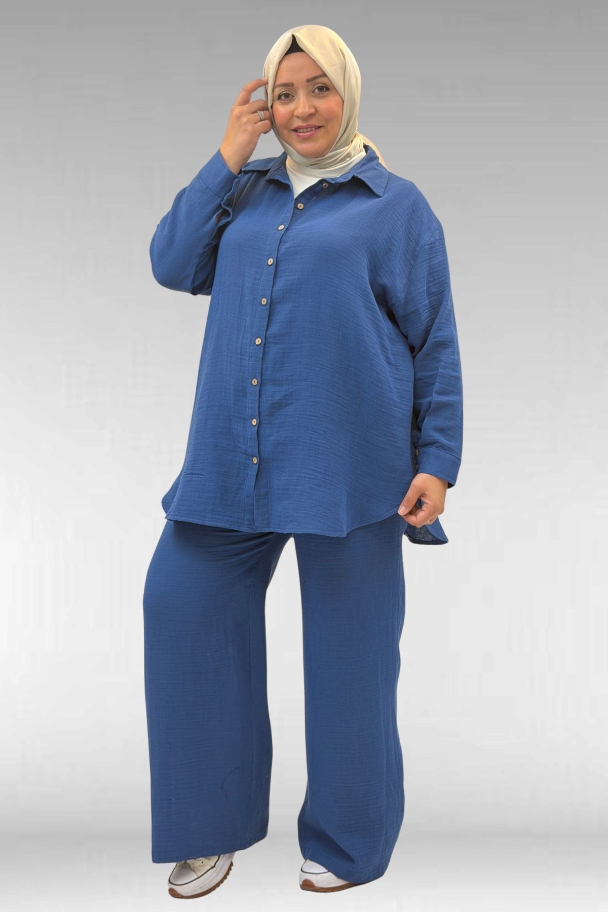 67038 Büyük Beden Erkek Yakalı Müslin Pantolonlu Takım - İndigo