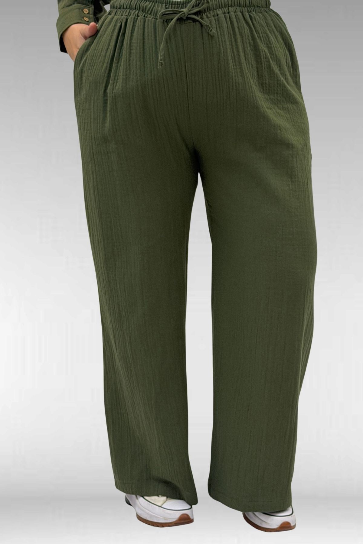 67038 Büyük Beden Erkek Yakalı Müslin Pantolonlu Takım - Haki