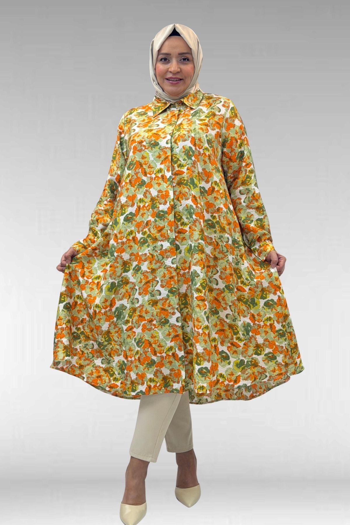 68015 Büyük Beden Mevlana Kesim Mango Gömlek - Çiçek Desen Yeşil