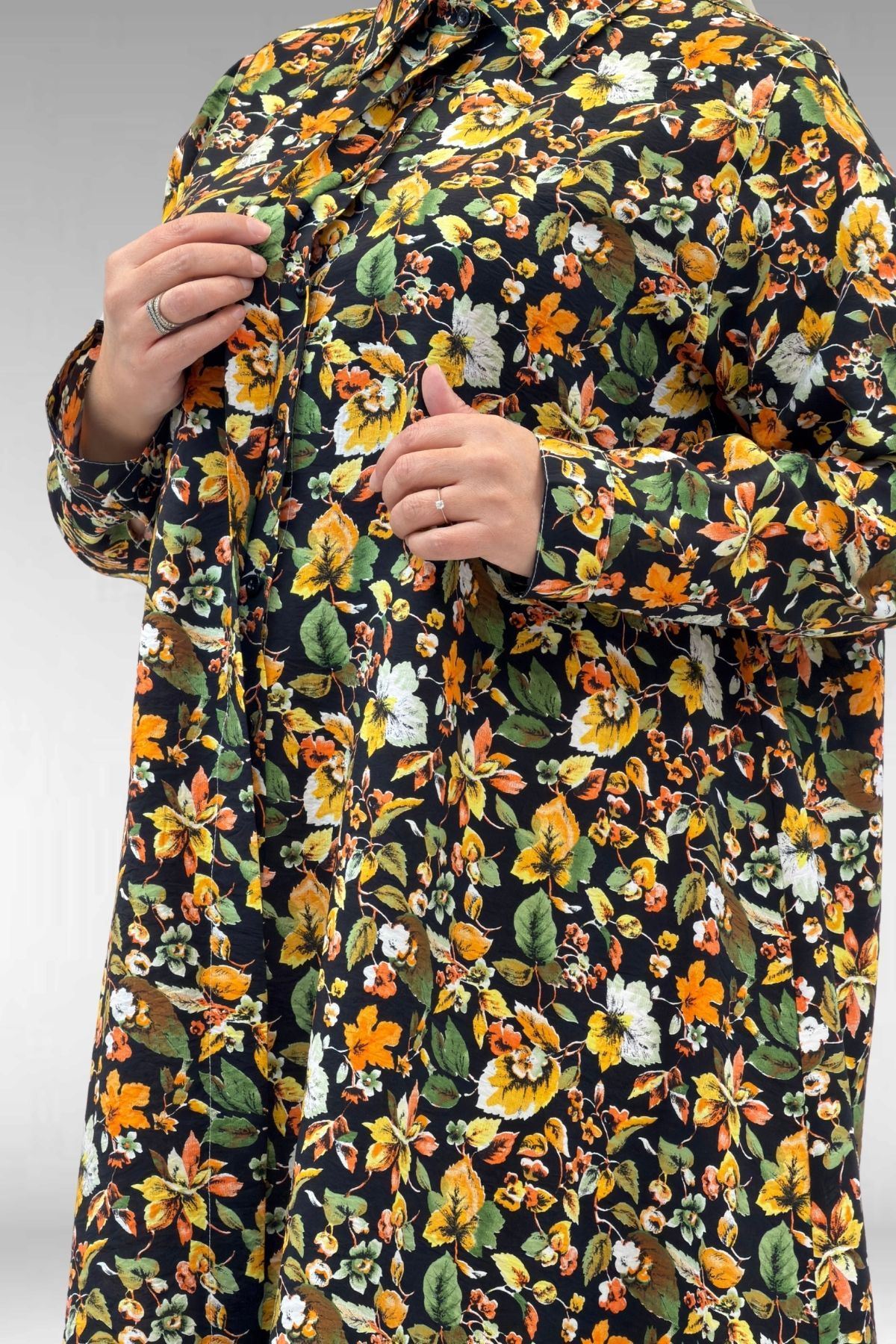 68015 Büyük Beden Mevlana Kesim Mango Gömlek - Desenli Siyah