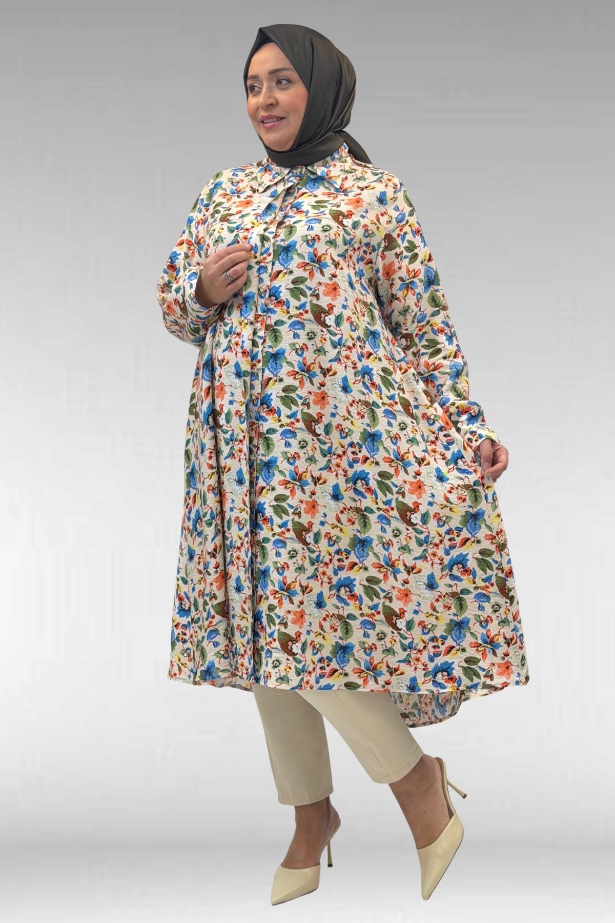 68015 Büyük Beden Mevlana Kesim Mango Gömlek - Desenli Taş