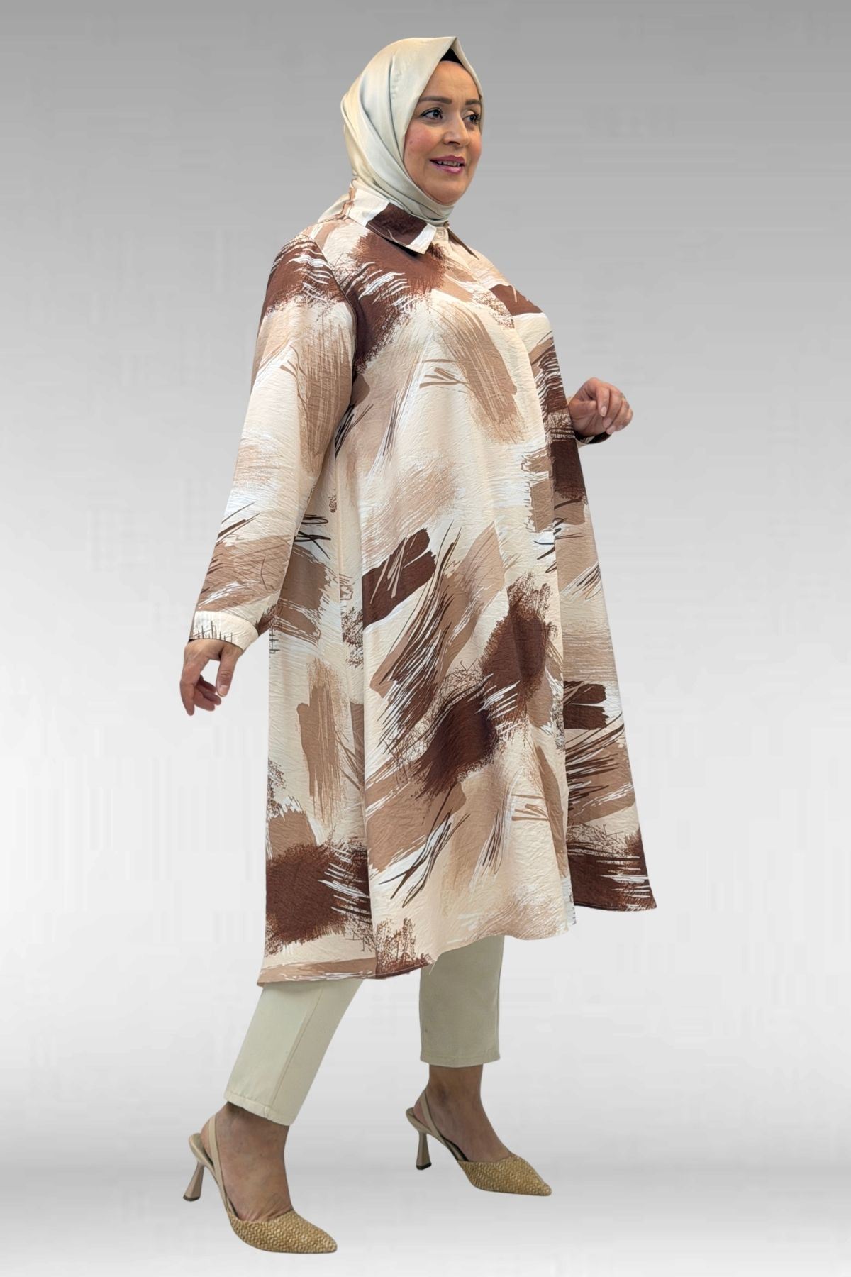 68015 Büyük Beden Mevlana Kesim Mango Gömlek - Desenli Çikolata Kahve