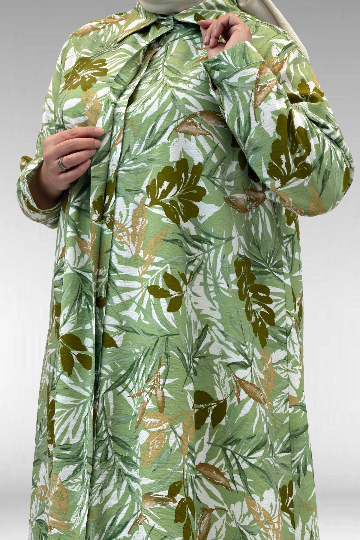 68015 Büyük Beden Mevlana Kesim Mango Gömlek - Desenli Haki