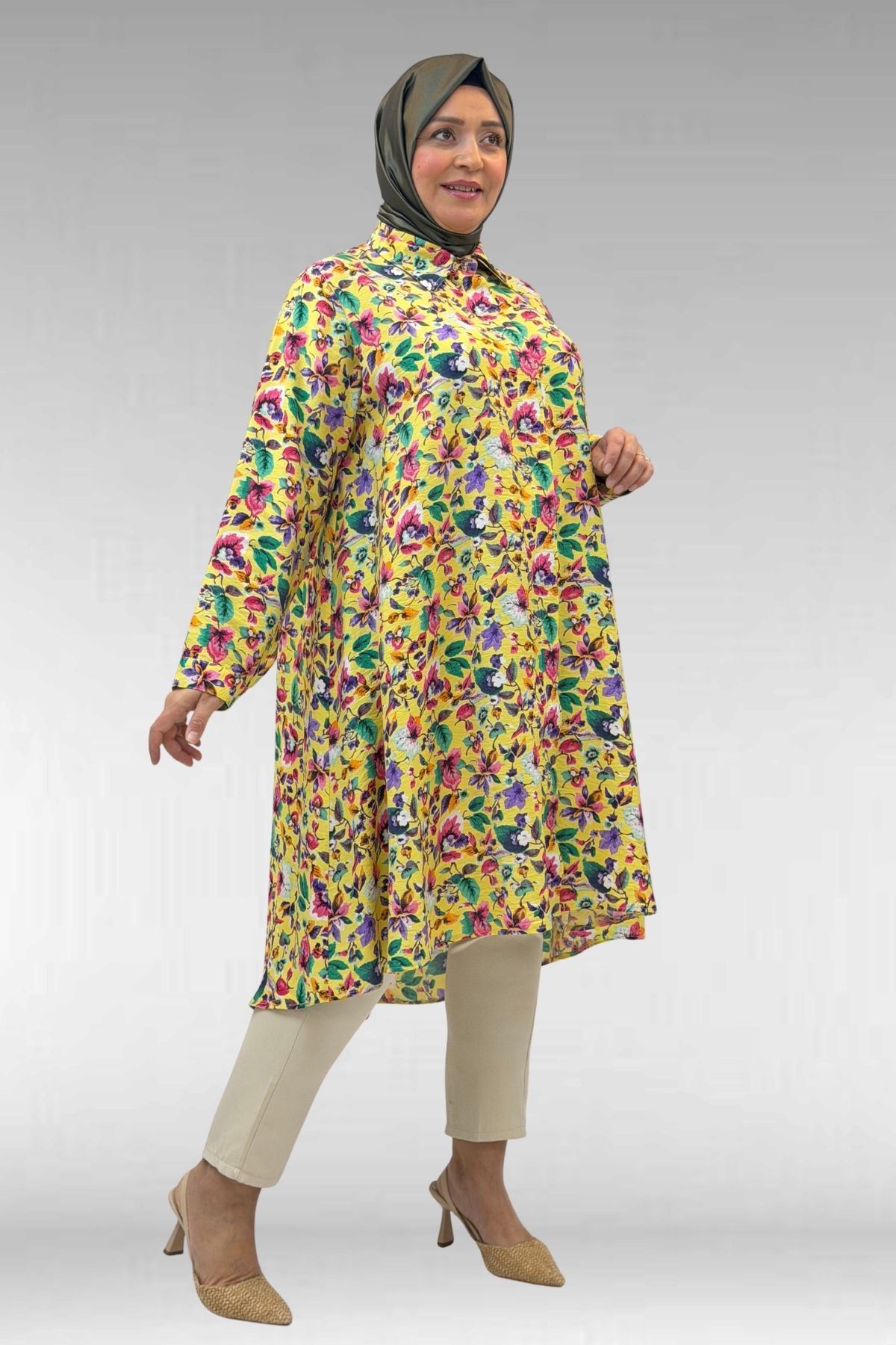 68015 Büyük Beden Mevlana Kesim Mango Gömlek - Desenli Sarı