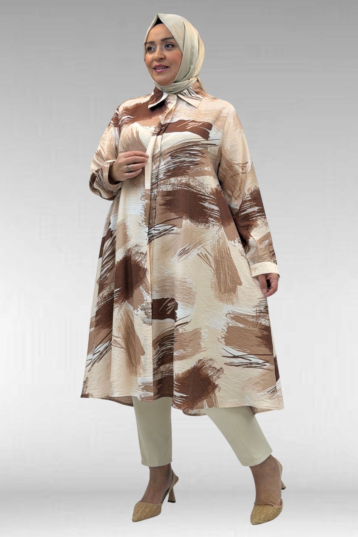 68015 Büyük Beden Mevlana Kesim Mango Gömlek - Desenli Çikolata Kahve