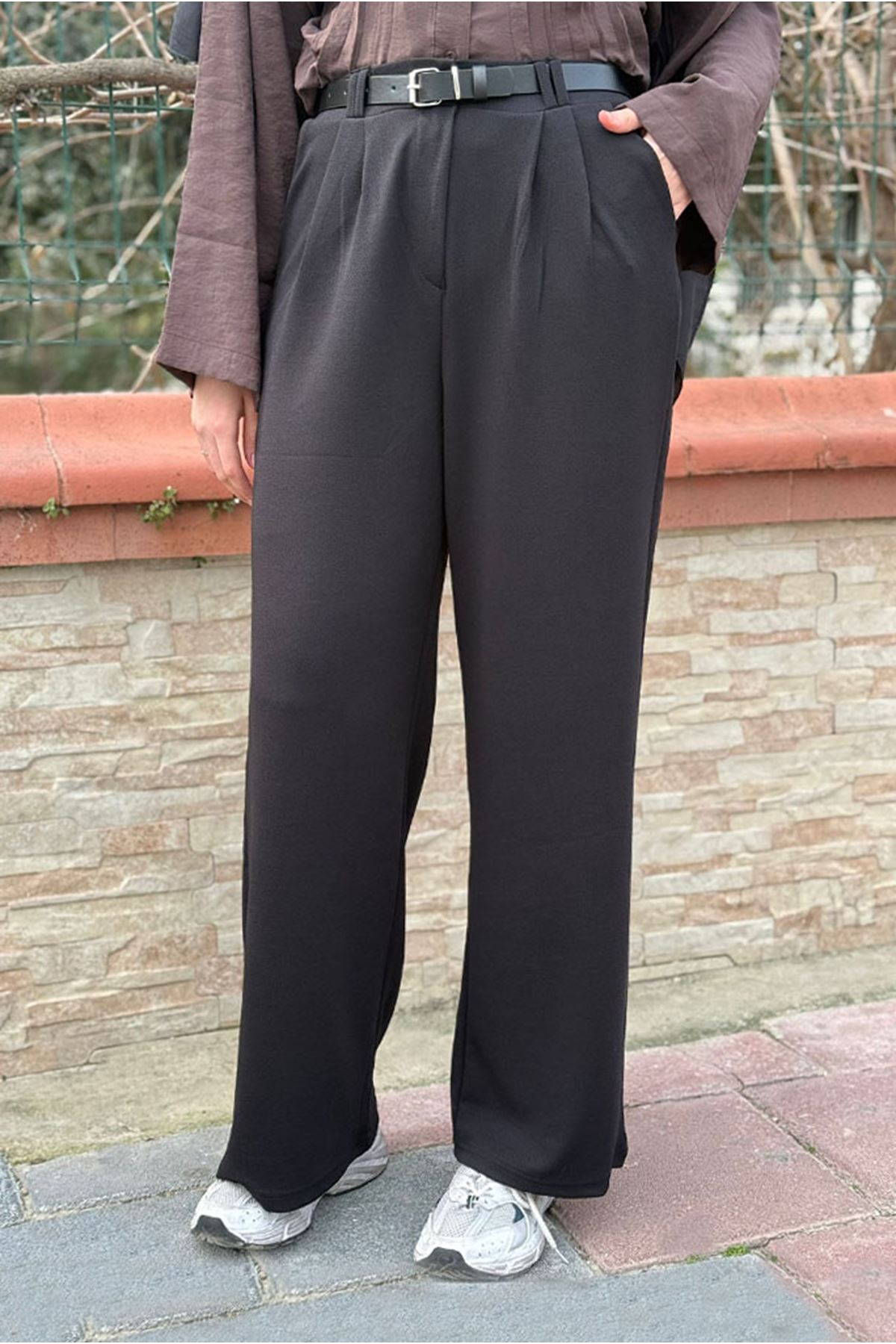 26Y7390 - SİYAH - KEMER DETAYLI BOL PAÇA PANTOLON
