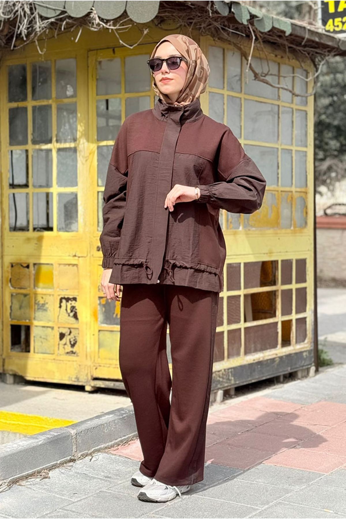 26Y6675 - KAHVE - GARNİ DETAYLI BAĞCIKLI TAKIM 