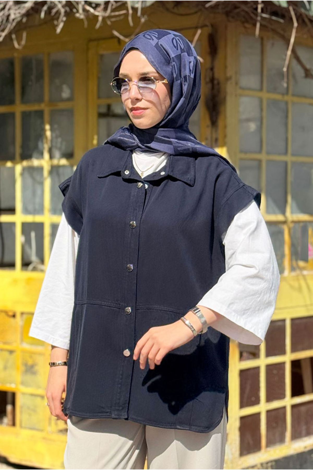 26Y7244 - LACİVERT - TENCEL KOT YELEK 