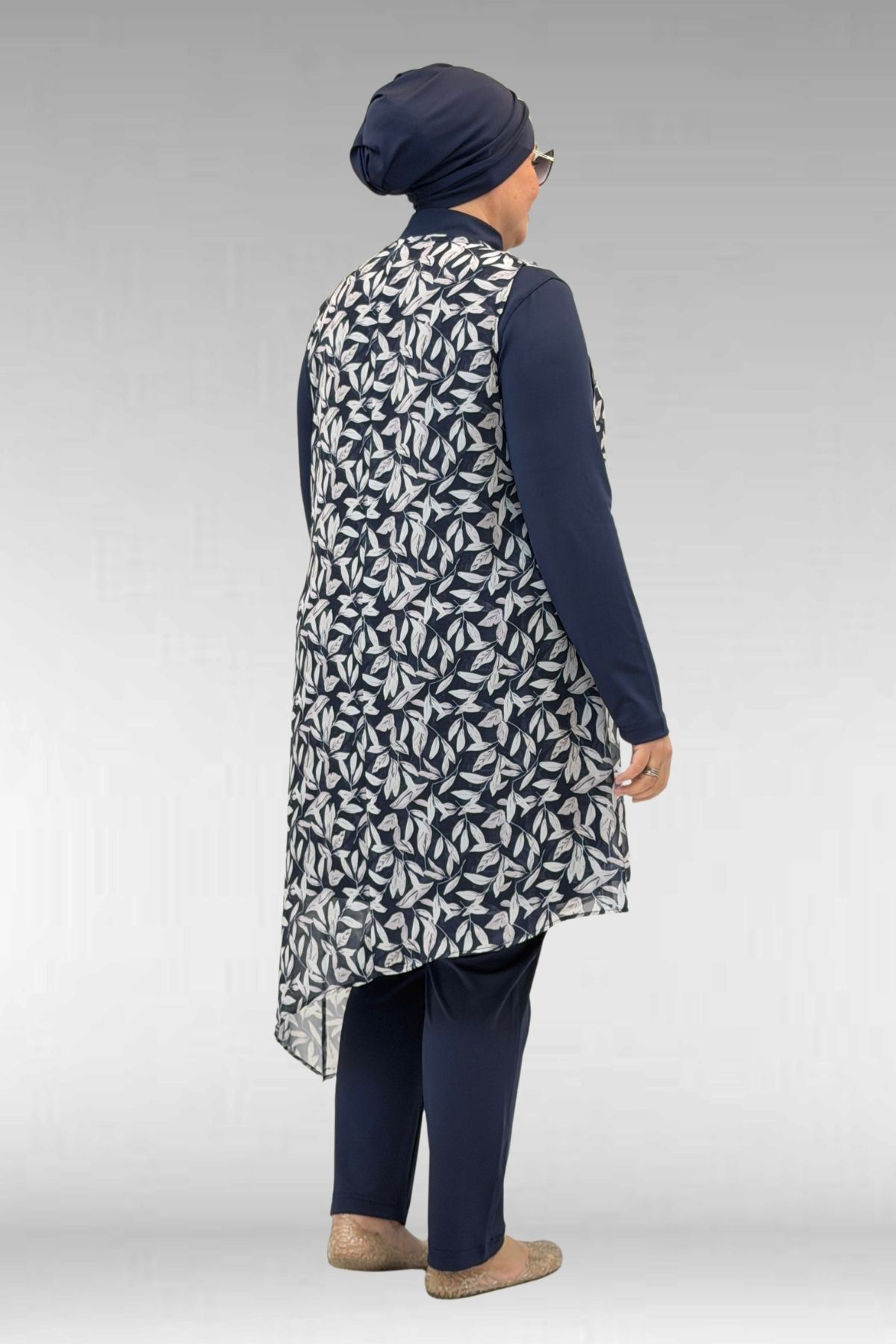 1723 Büyük Beden Uzunkol Şifon Pareolu Tesettür Mayo - Yaprak Desen Ekru-Laci