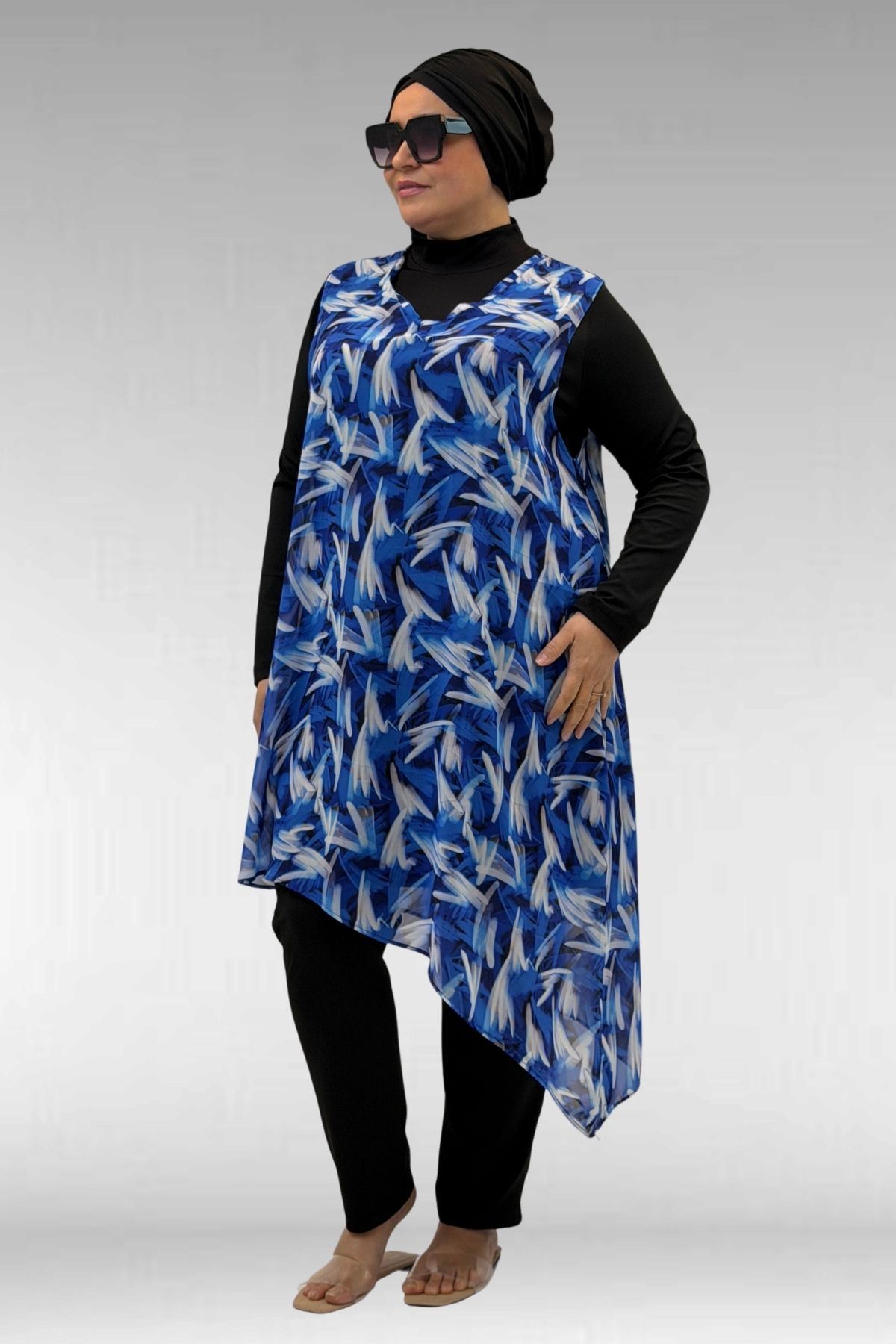 1723 Büyük Beden Uzunkol Şifon Pareolu Tesettür Mayo - Fırça Desen Saks-Siyah