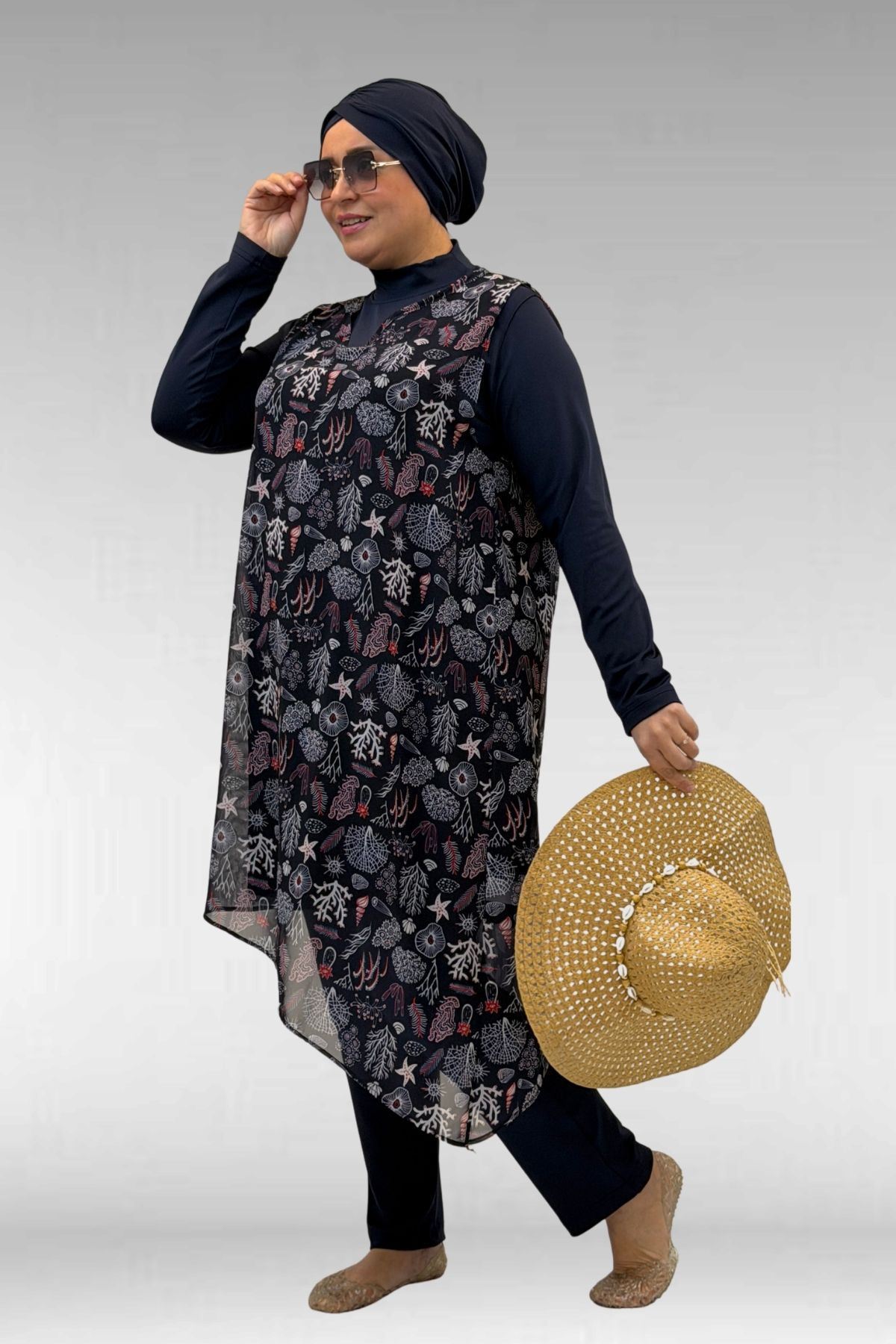 1723 Büyük Beden Uzunkol Şifon Pareolu Tesettür Mayo - Karışık Desen Laci-Laci