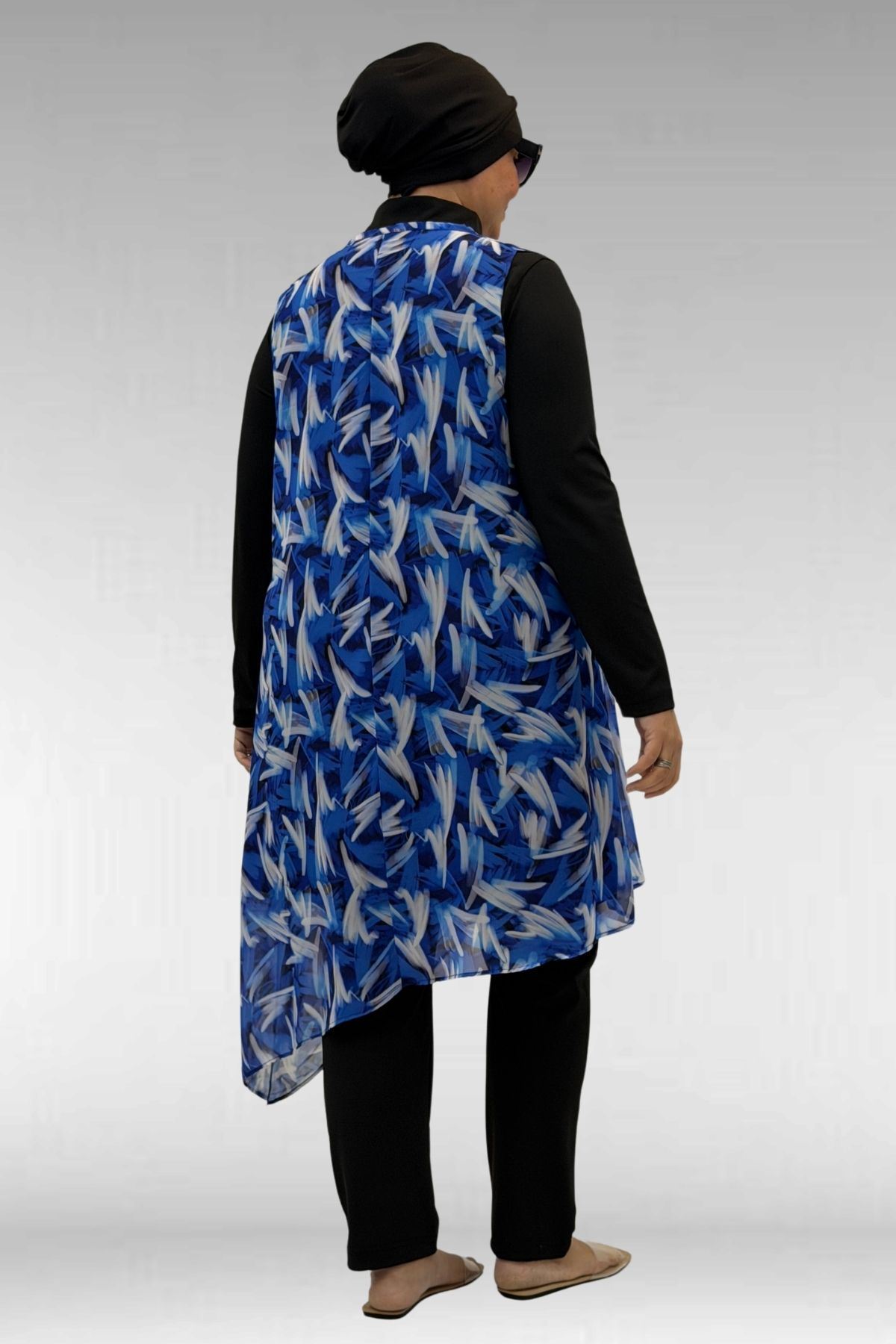 1723 Büyük Beden Uzunkol Şifon Pareolu Tesettür Mayo - Fırça Desen Saks-Siyah