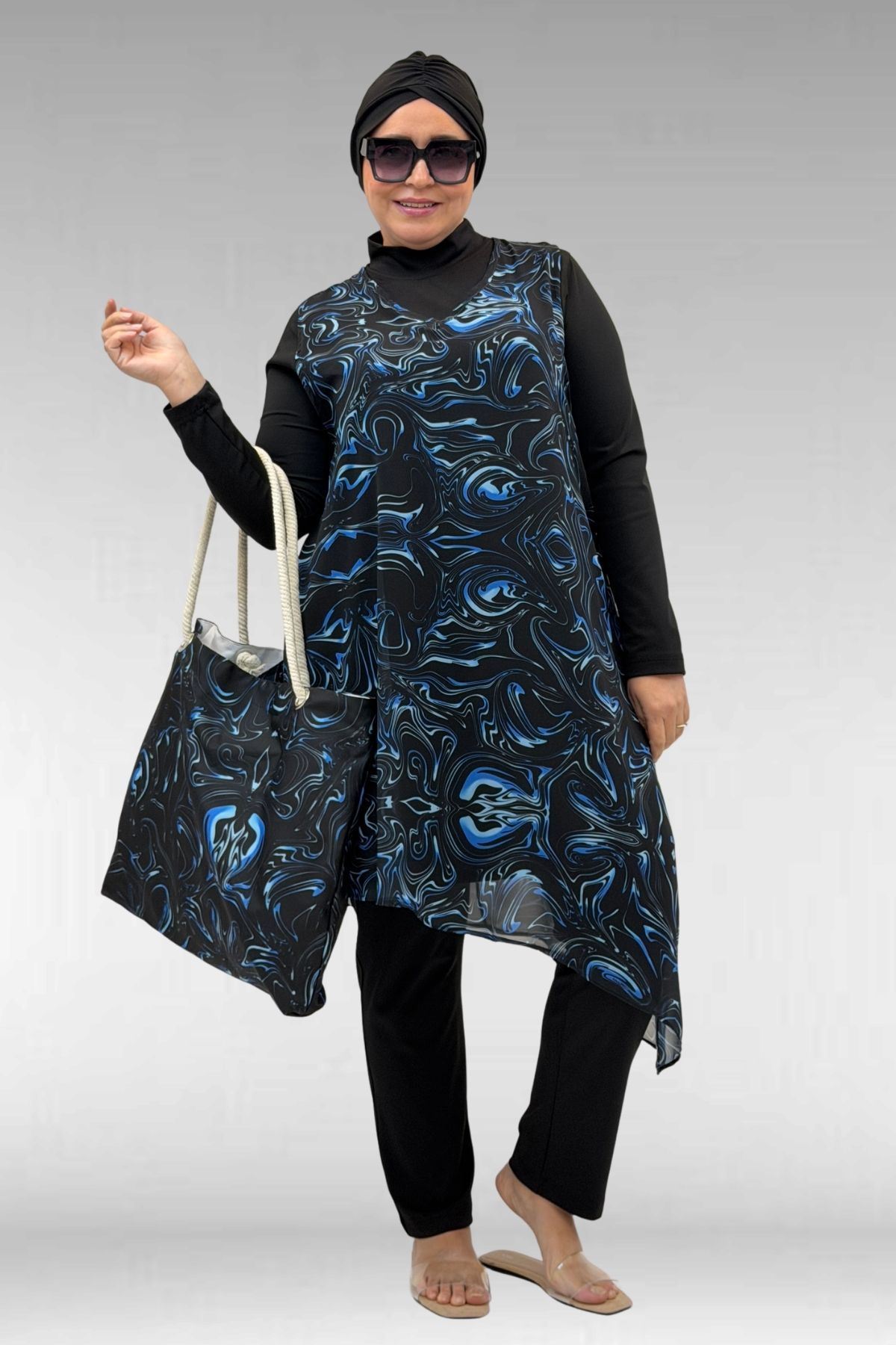 1723 Büyük Beden Uzunkol Şifon Pareolu Tesettür Mayo - Aqua Mavi