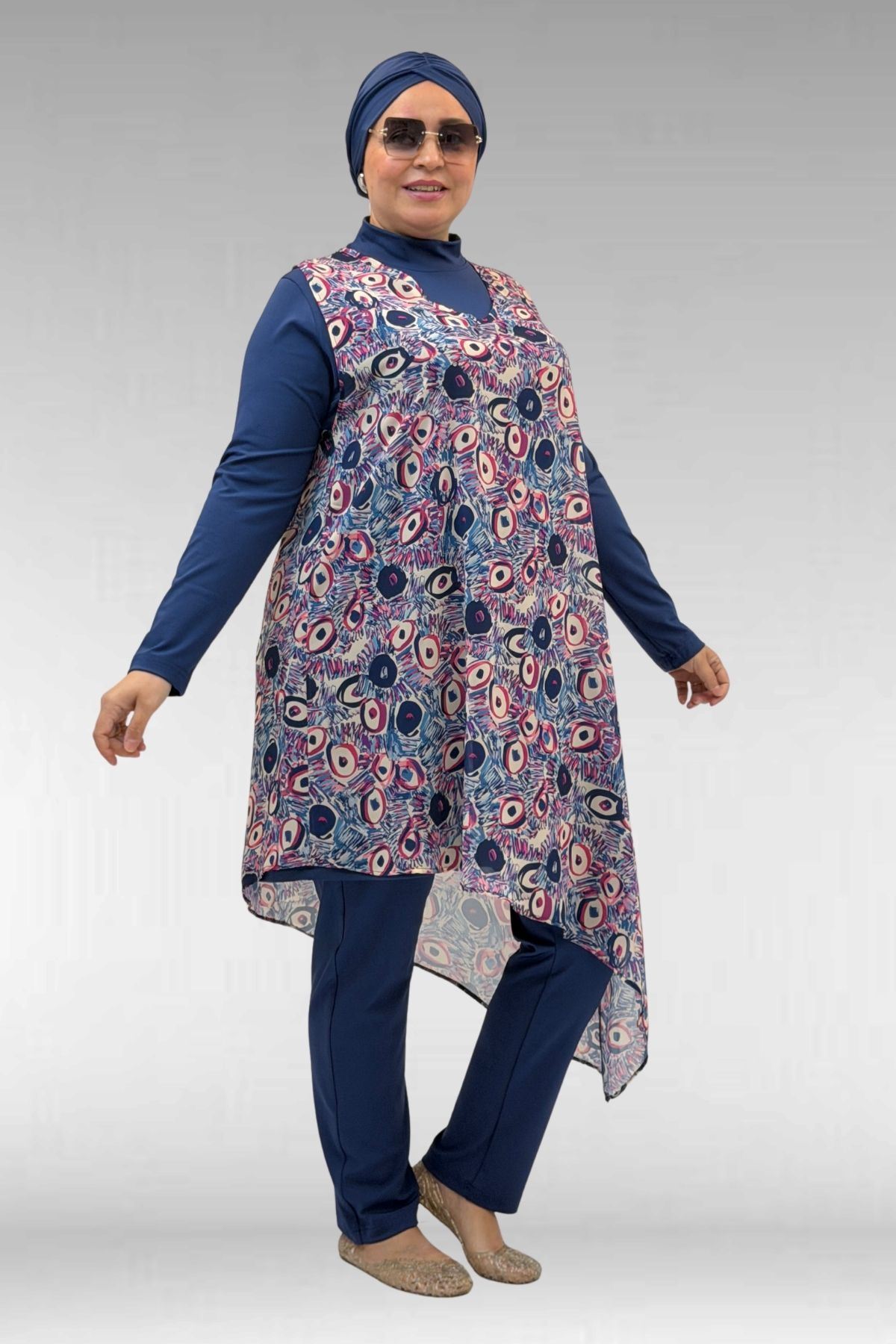 1723 Büyük Beden Uzunkol Şifon Pareolu Tesettür Mayo - Göz Desen İndigo-İndigo