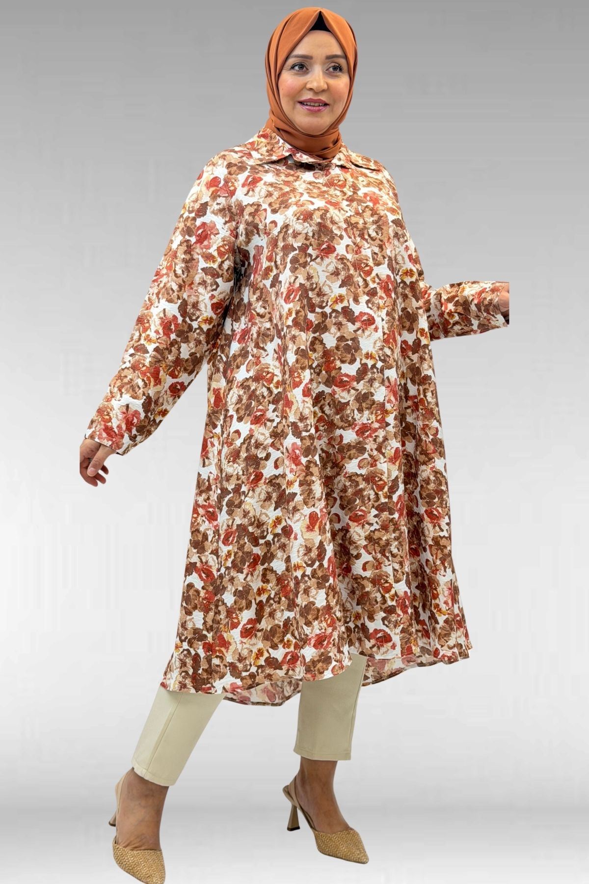 68015 Büyük Beden Mevlana Kesim Mango Gömlek - Çiçek Desenli Kahve