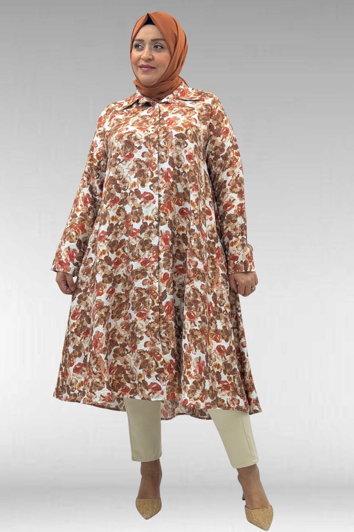 68015 Büyük Beden Mevlana Kesim Mango Gömlek - Çiçek Desenli Kahve