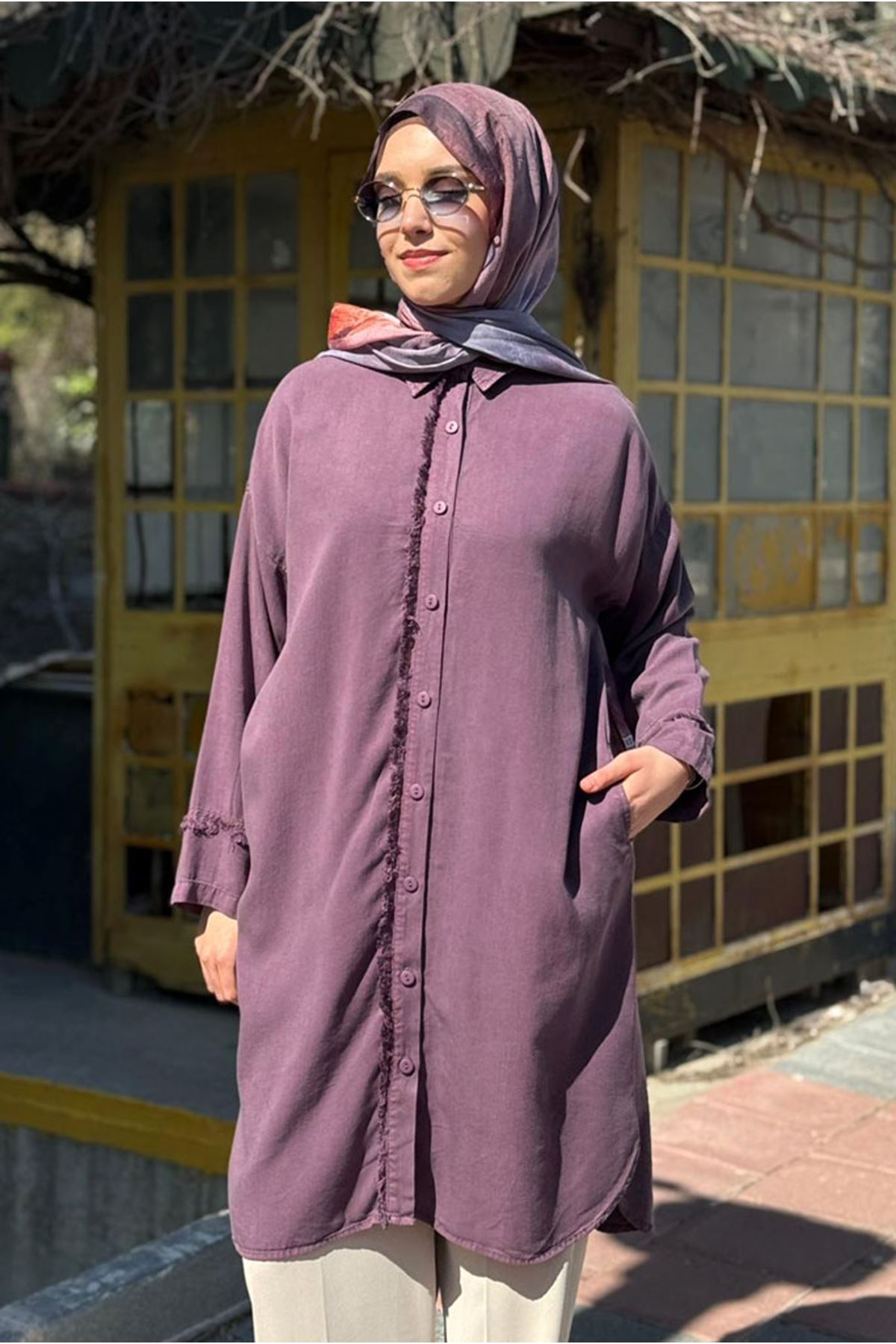 26Y7086 - LİLA -  UZUN PÜSKÜL DETAY TENSEL GÖMLEK