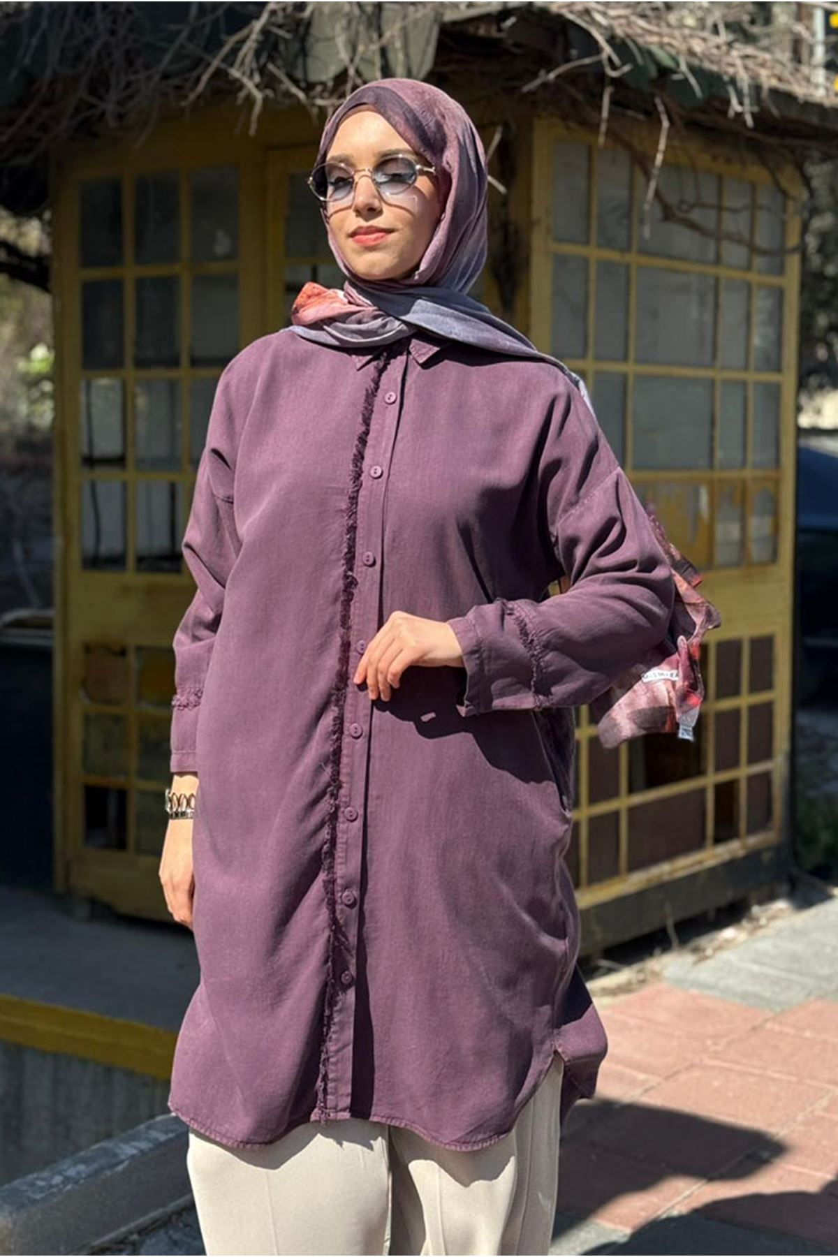 26Y7086 - LİLA -  UZUN PÜSKÜL DETAY TENSEL GÖMLEK