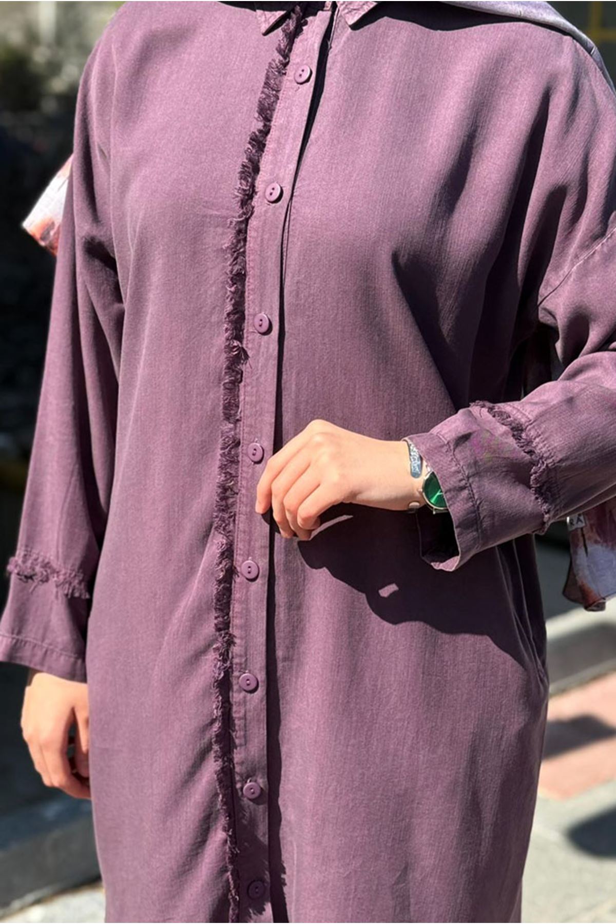 26Y7086 - LİLA -  UZUN PÜSKÜL DETAY TENSEL GÖMLEK