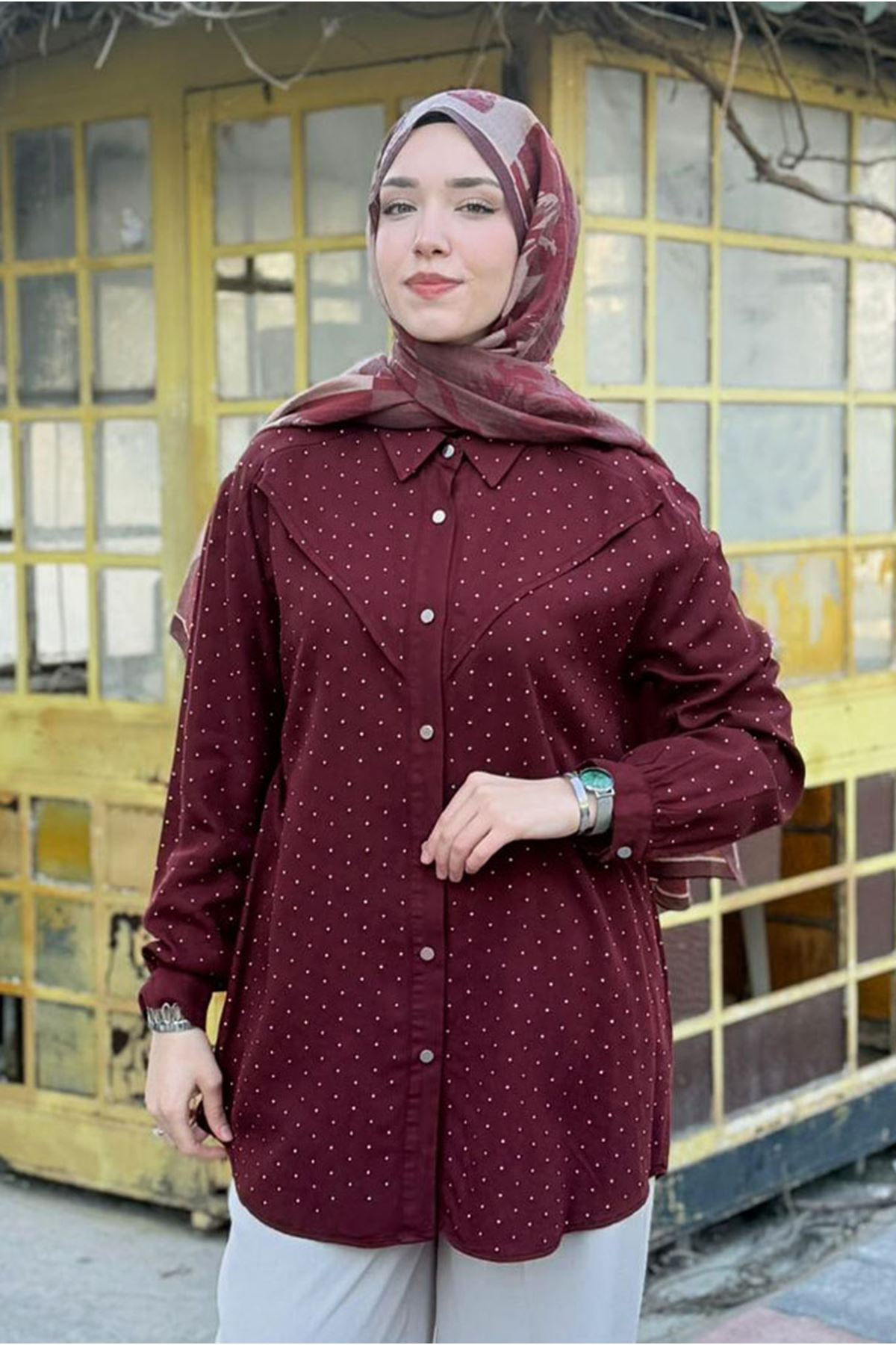 26Y6510 - BORDO - TAŞLI MODAL GÖMLEK