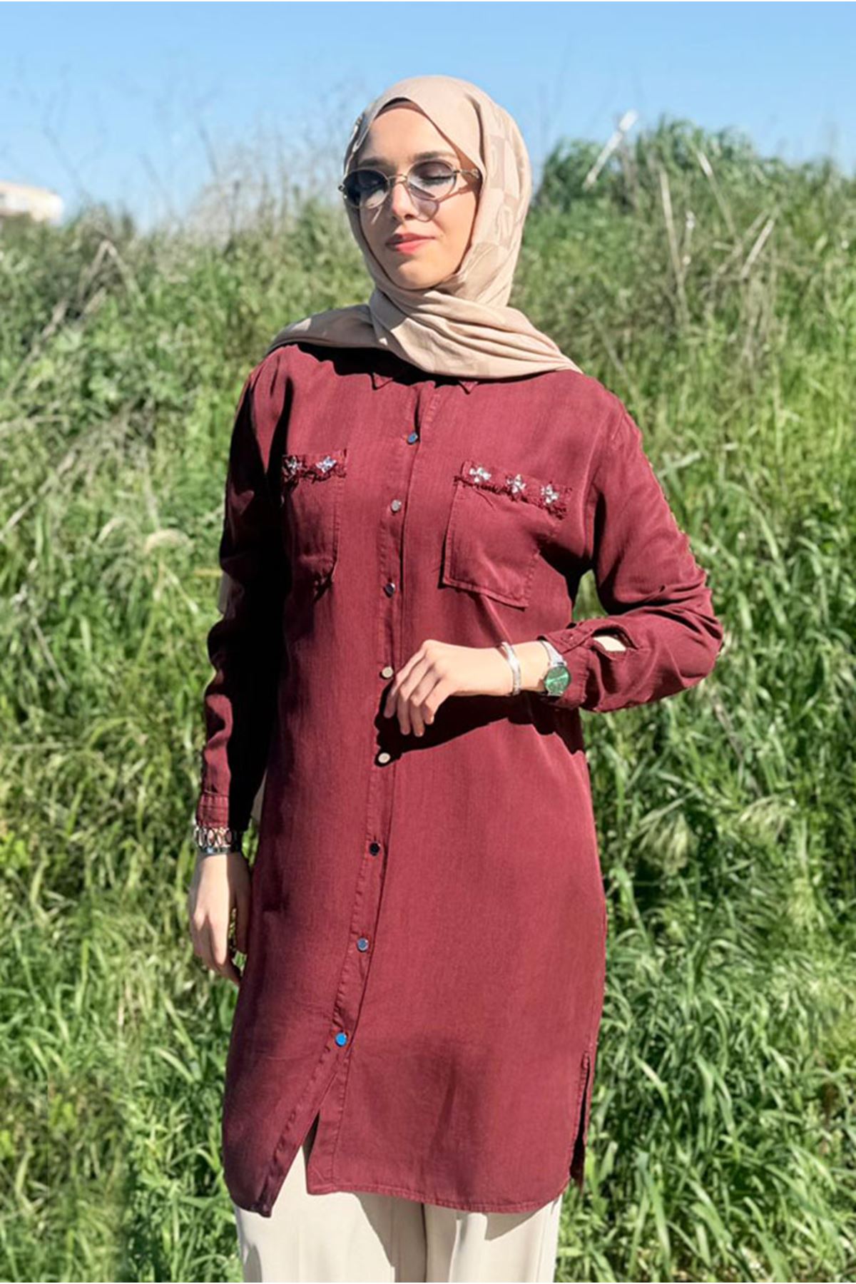 26Y6525 - BORDO- TAŞLI PÜSKÜL DETAY UZUN TENCEL GÖMLEK 