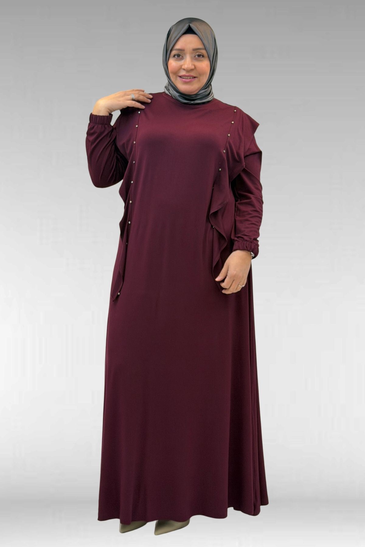 62003 Büyük Beden Omuzdan Aşağı Fırfır Detaylı Penye Elbise - Bordo