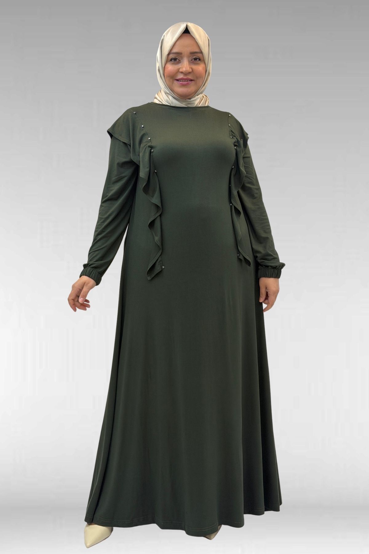 62003 Büyük Beden Omuzdan Aşağı Fırfır Detaylı Penye Elbise - Haki