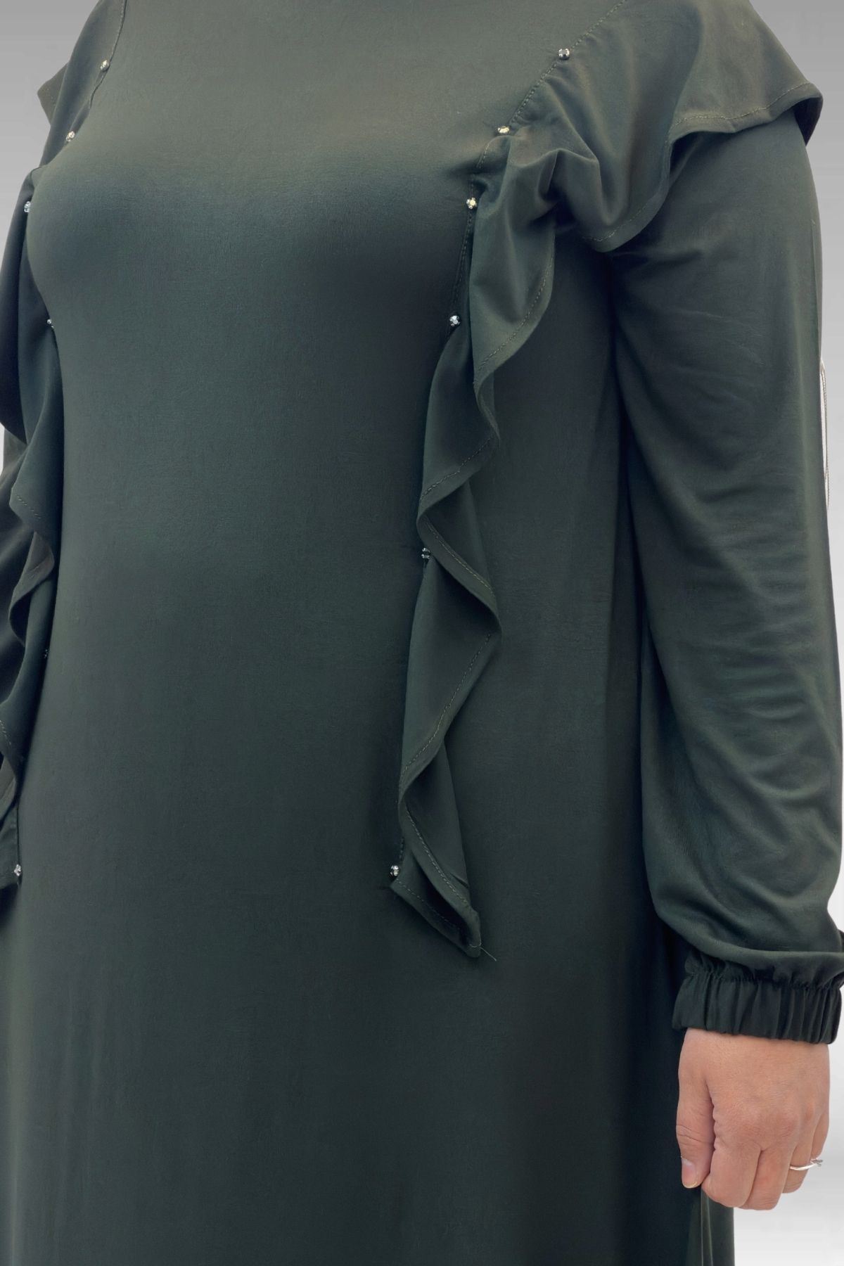 62003 Büyük Beden Omuzdan Aşağı Fırfır Detaylı Penye Elbise - Haki