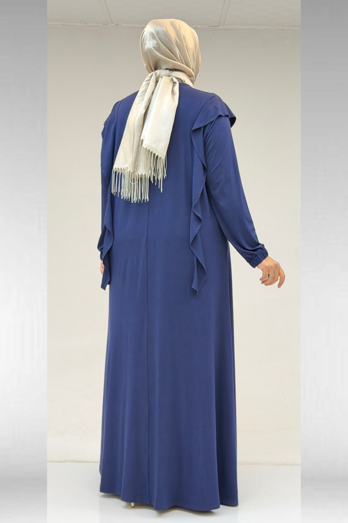 62003 Büyük Beden Omuzdan Aşağı Fırfır Detaylı Penye Elbise - İndigo