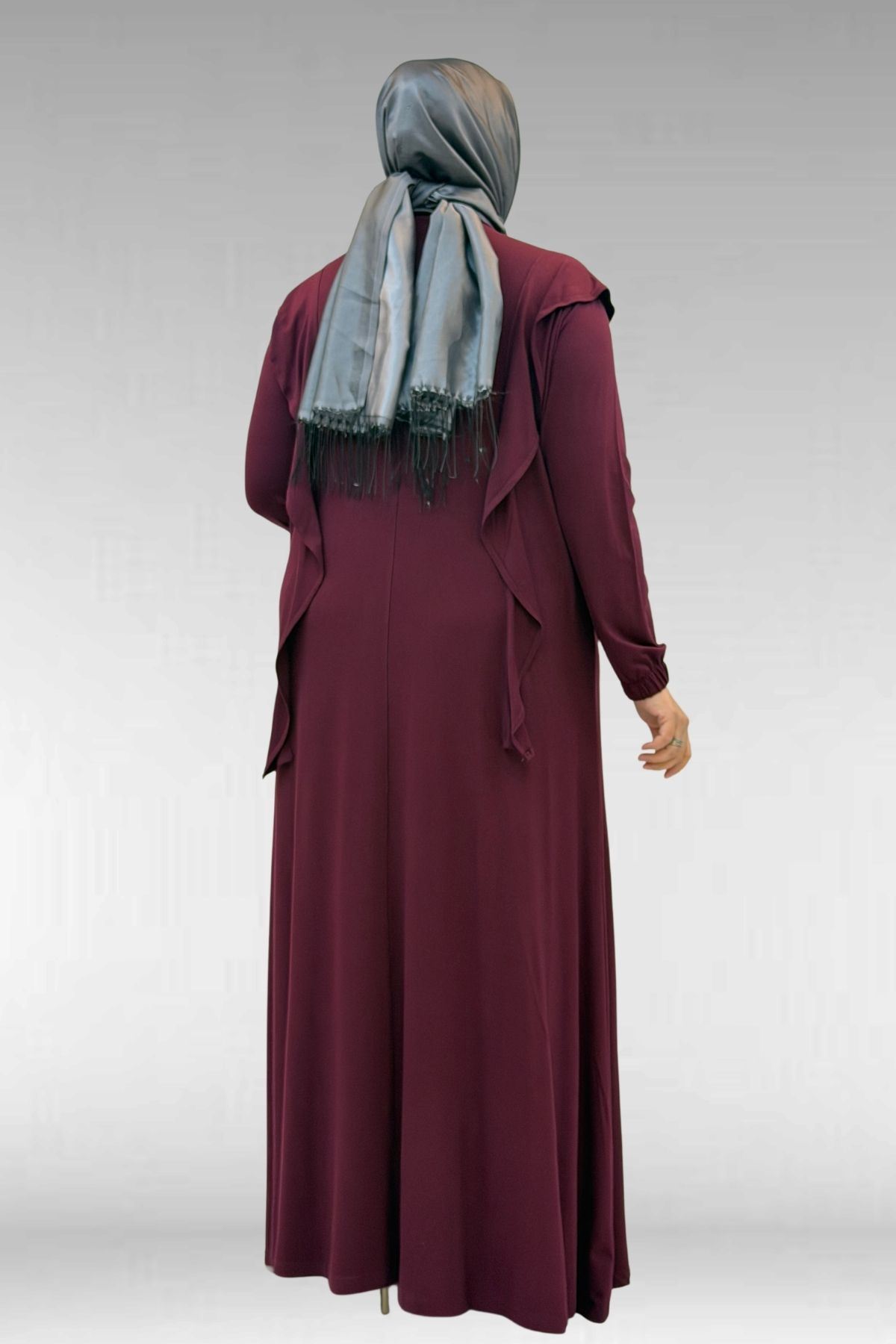 62003 Büyük Beden Omuzdan Aşağı Fırfır Detaylı Penye Elbise - Bordo