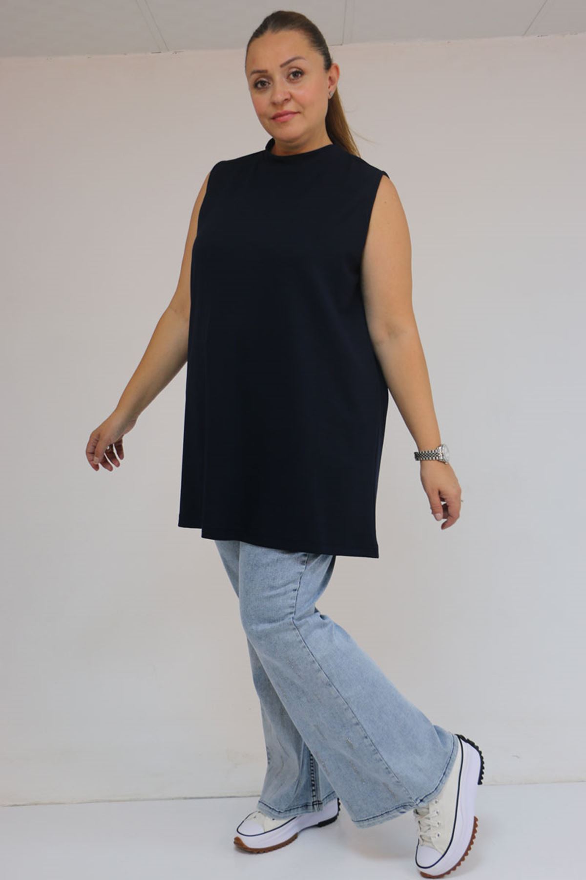 58509 Büyük Beden Uzun Modal İçlik - Lacivert