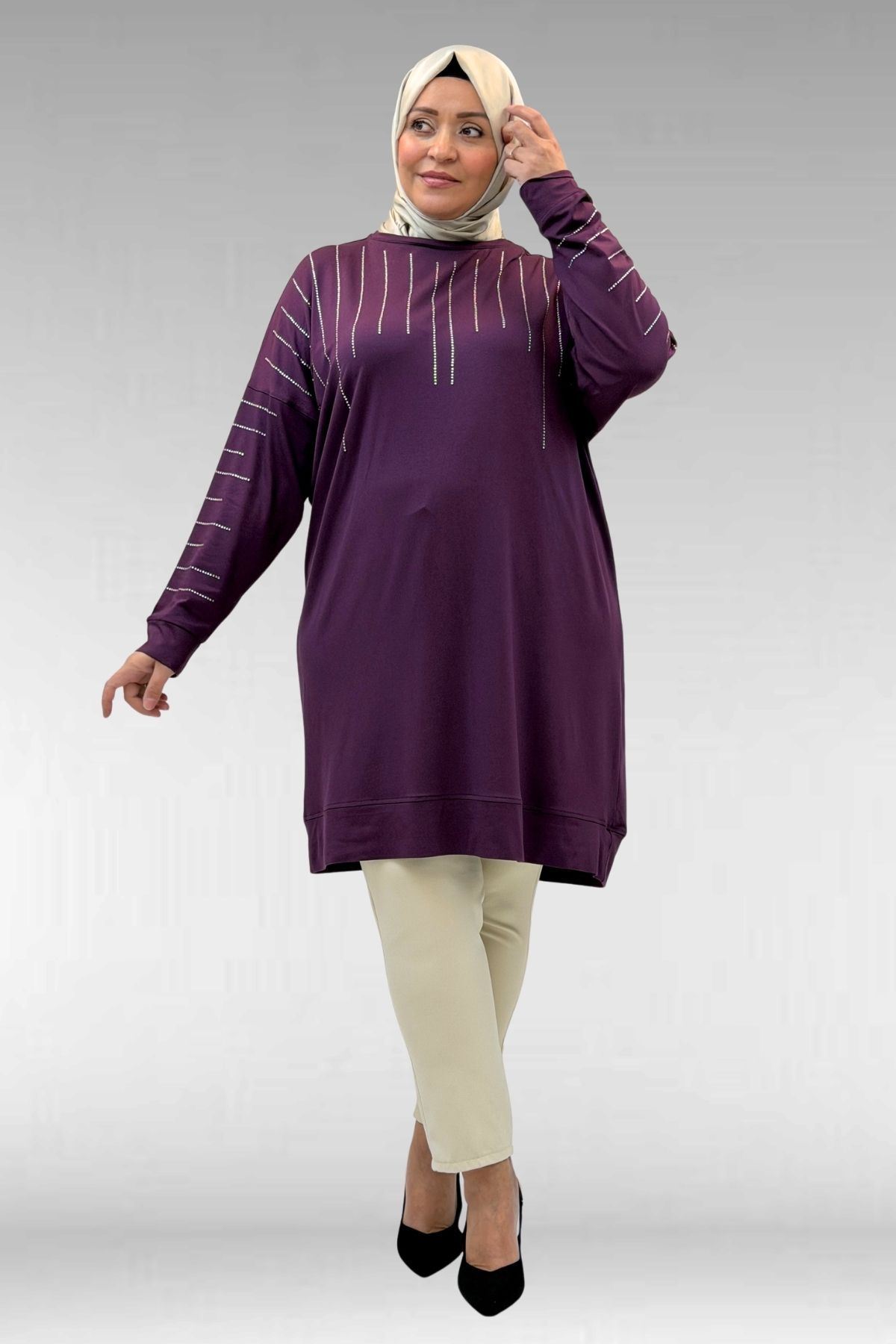 68020 Büyük Beden Damla Taş Detaylı Penye Tunik - Mürdüm