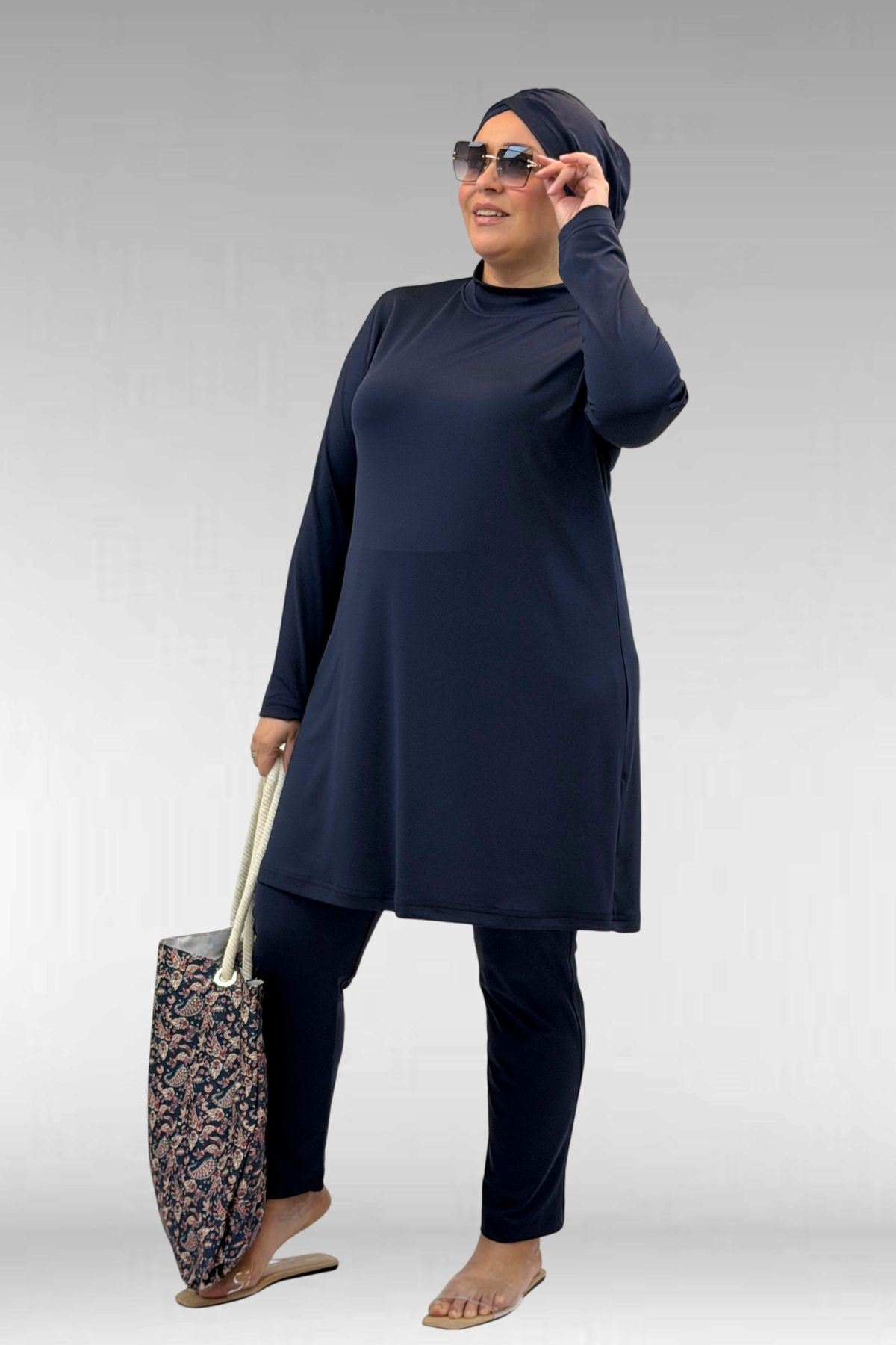 1738 Büyük Beden Düz Renk Tesettür Mayo - Lacivert