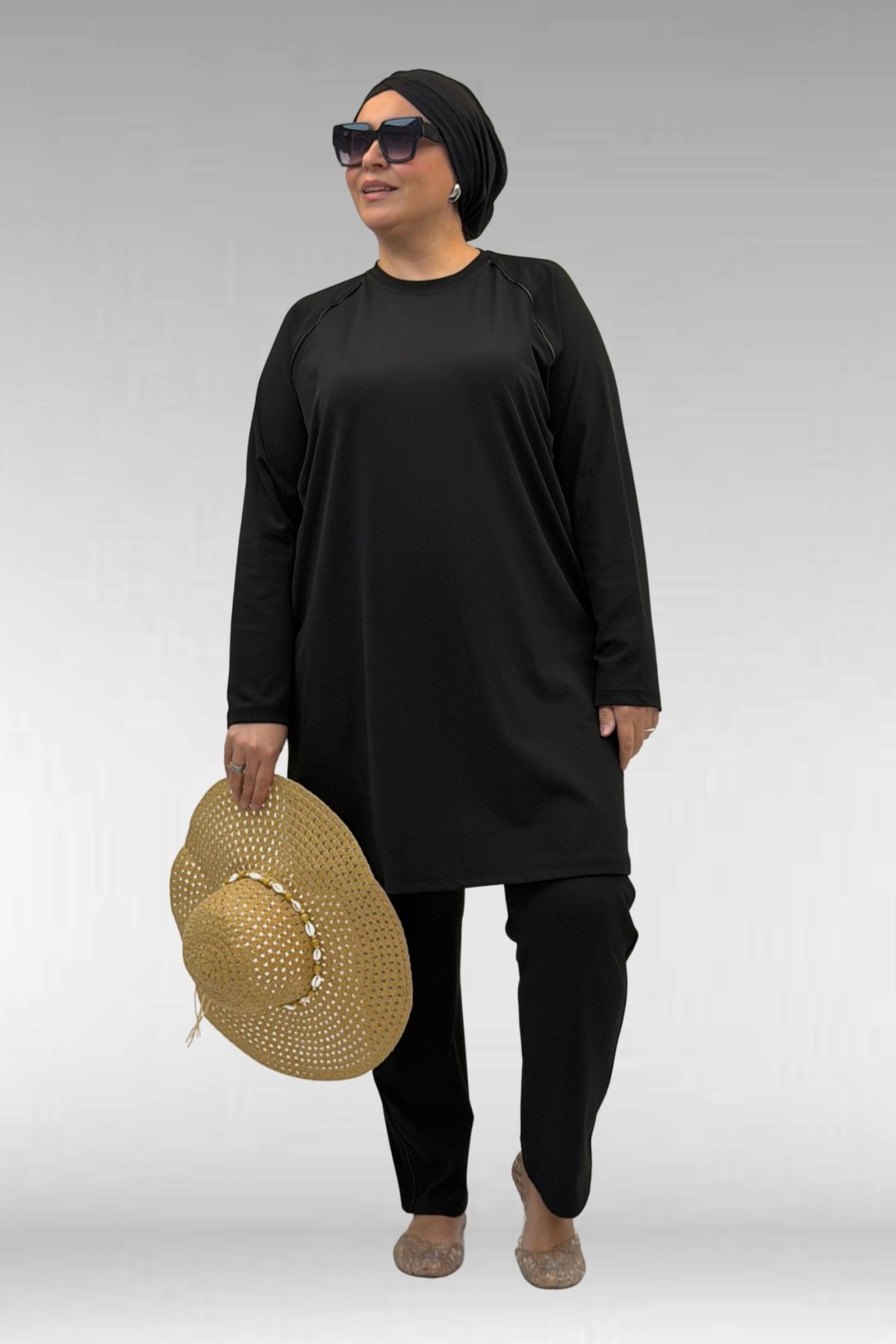 1741 Büyük Beden Kıstırma Biyeli Tesettür Mayo - Siyah