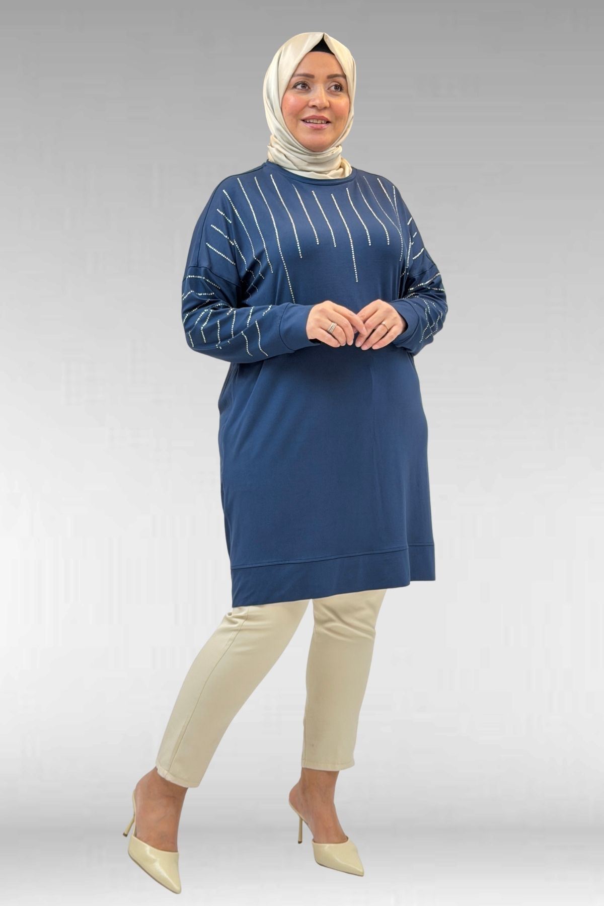 68020 Büyük Beden Damla Taş Detaylı Penye Tunik - Petrol