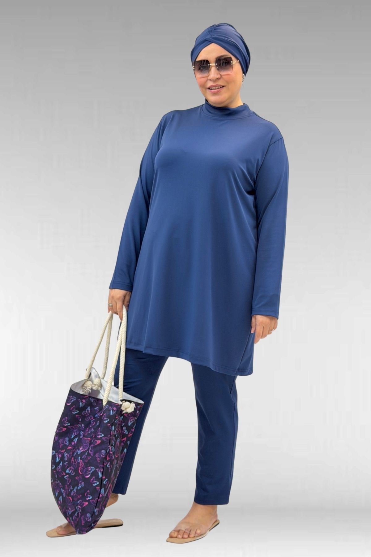 1738 Büyük Beden Düz Renk Tesettür Mayo - İndigo
