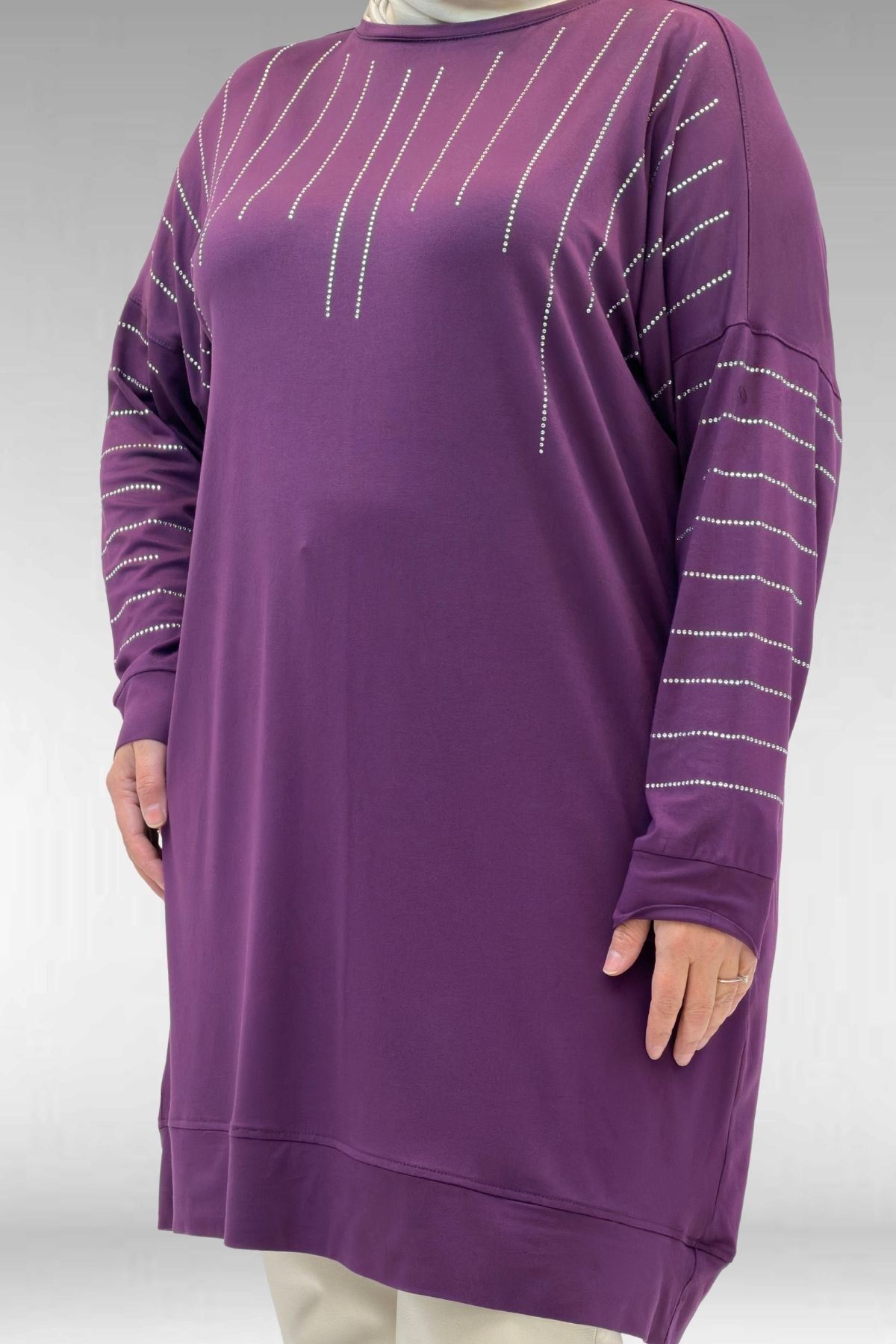 68020 Büyük Beden Damla Taş Detaylı Penye Tunik - Mürdüm