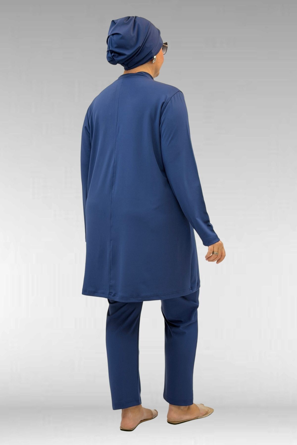 1738 Büyük Beden Düz Renk Tesettür Mayo - İndigo