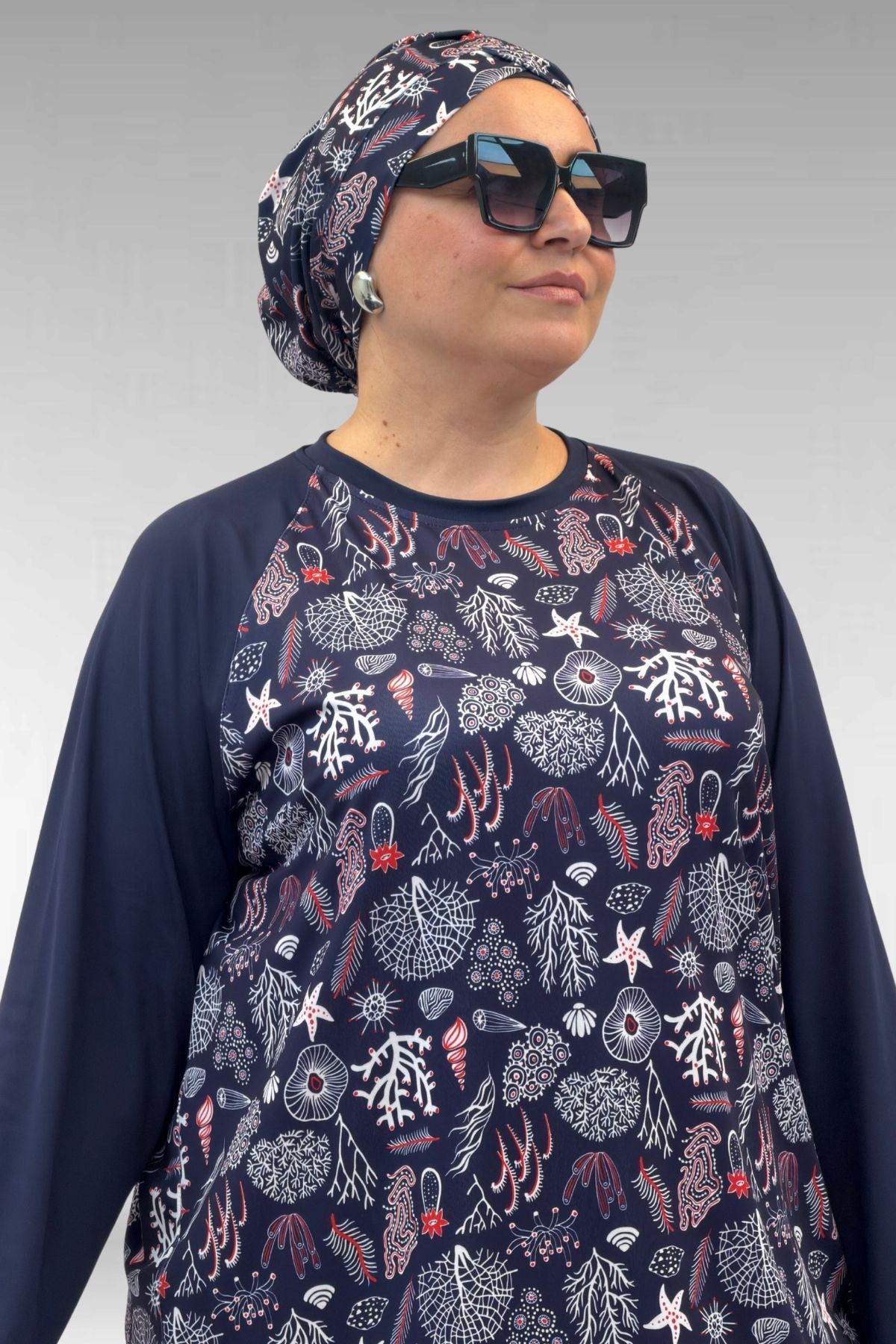 1742 Büyük Beden Uzunkol Tesettür Mayo Takım - Karışık Desen Laci