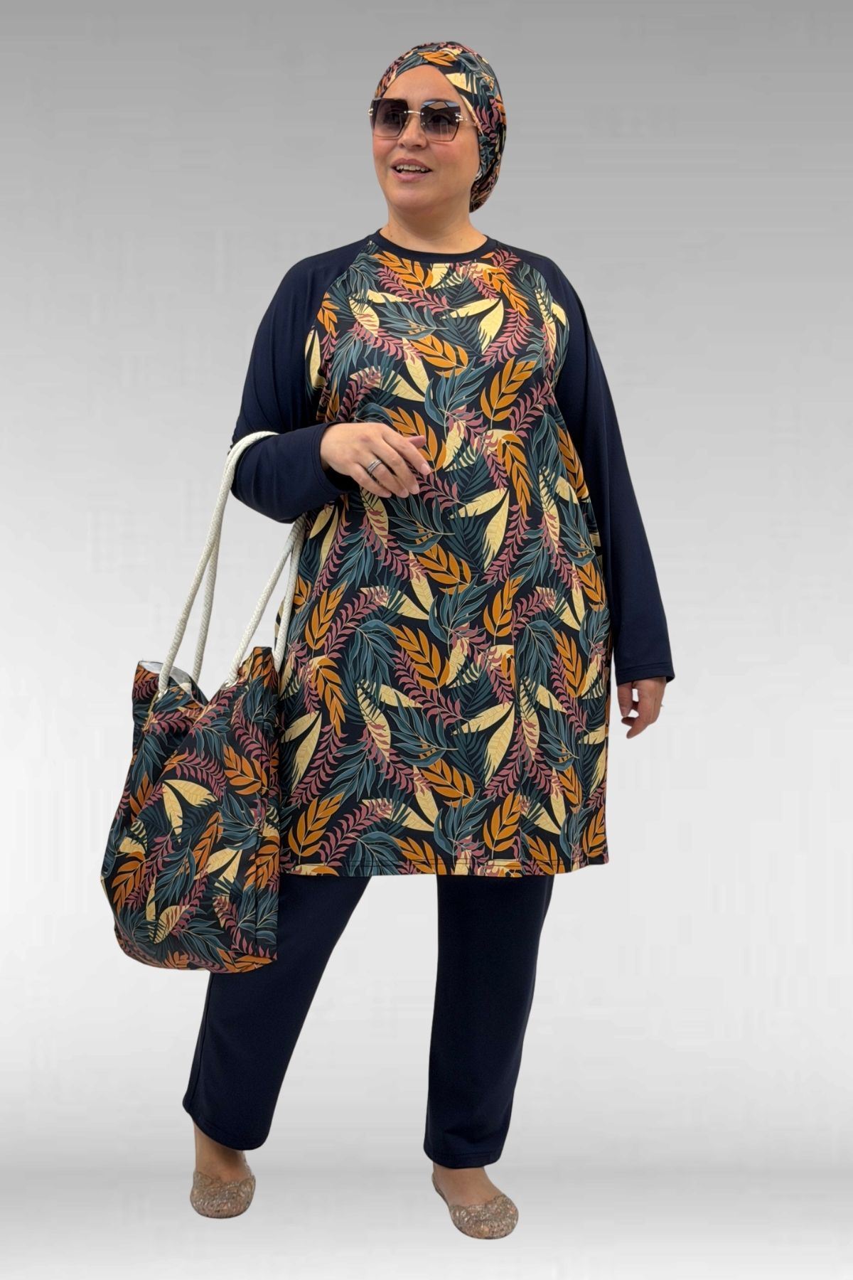 1742 Büyük Beden Uzunkol Tesettür Mayo Takım - Yaprak Desen Hardal