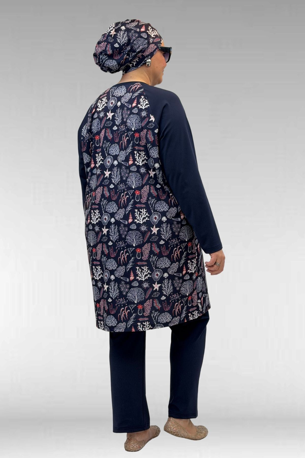 1742 Büyük Beden Uzunkol Tesettür Mayo Takım - Karışık Desen Laci