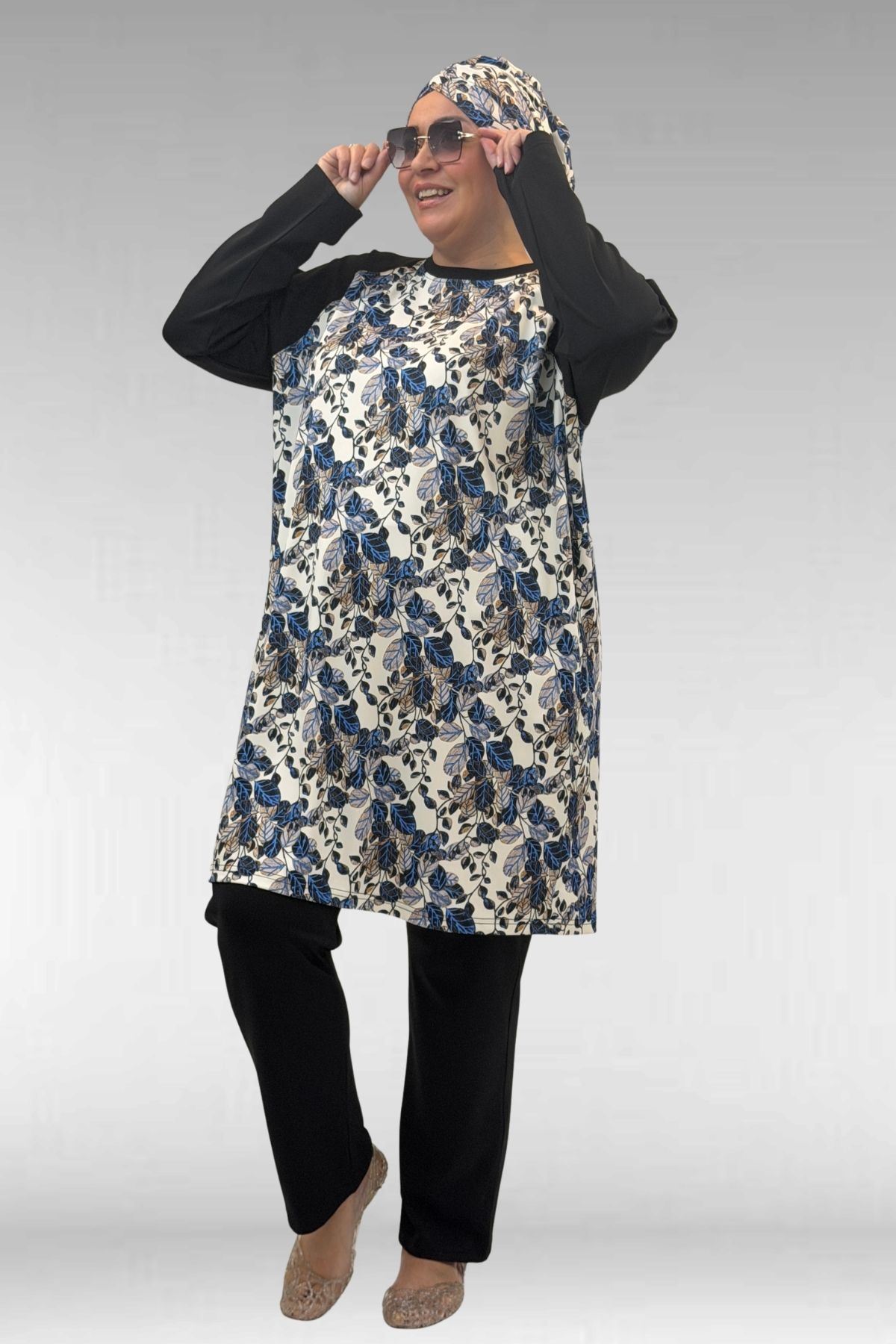 1742 Büyük Beden Uzunkol Tesettür Mayo Takım - Yaprak Desen Mavi