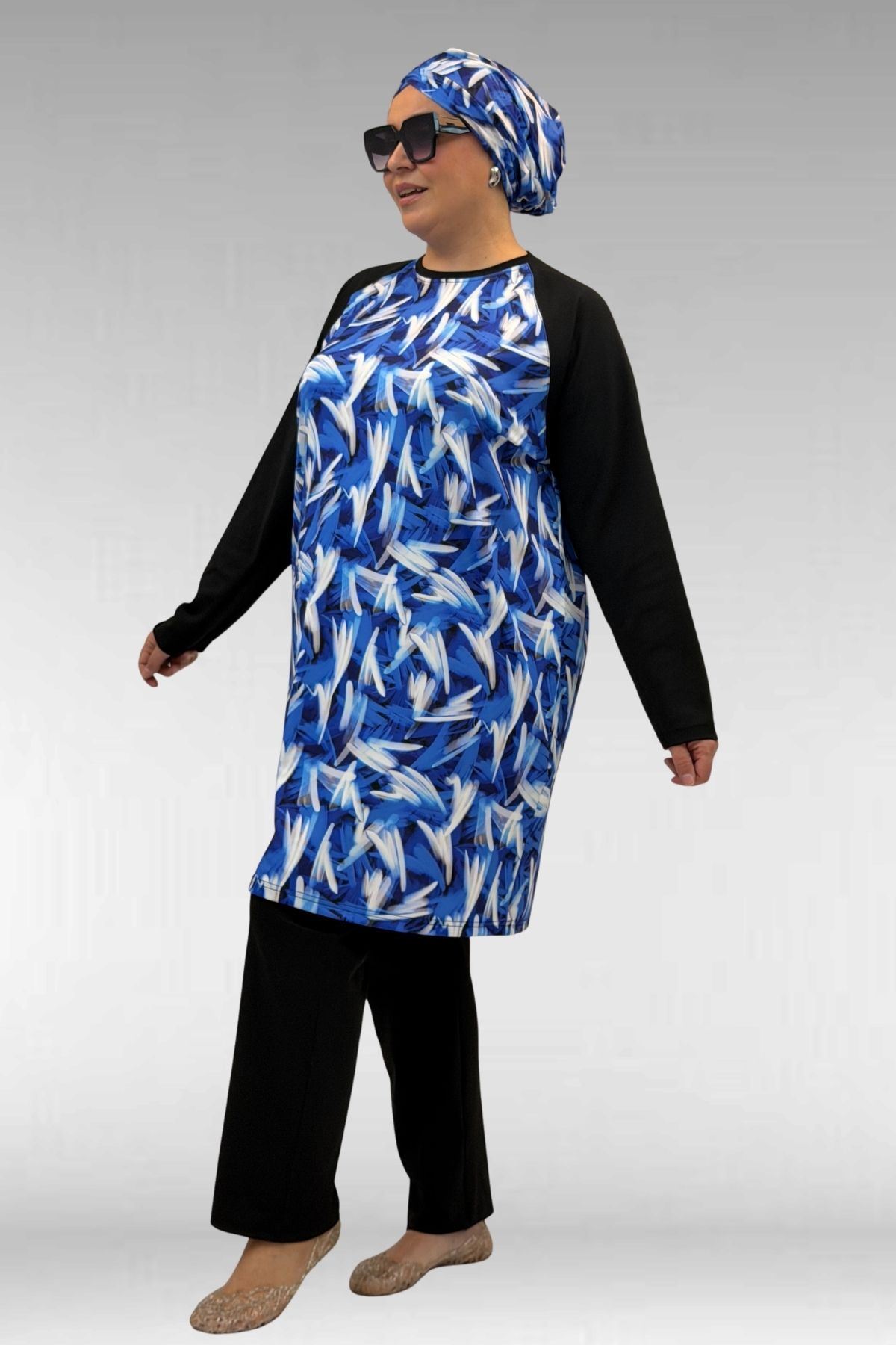 1742 Büyük Beden Uzunkol Tesettür Mayo Takım - Fırça Desen Saks